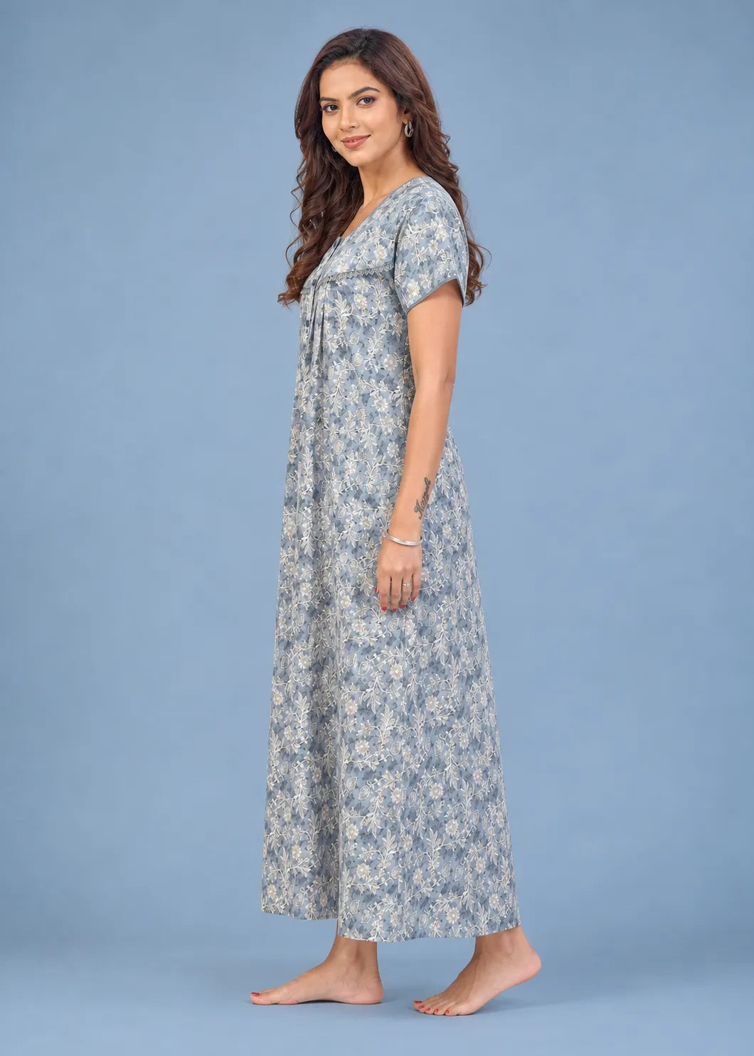 Dusty Blue Floral Cotton Nightgown