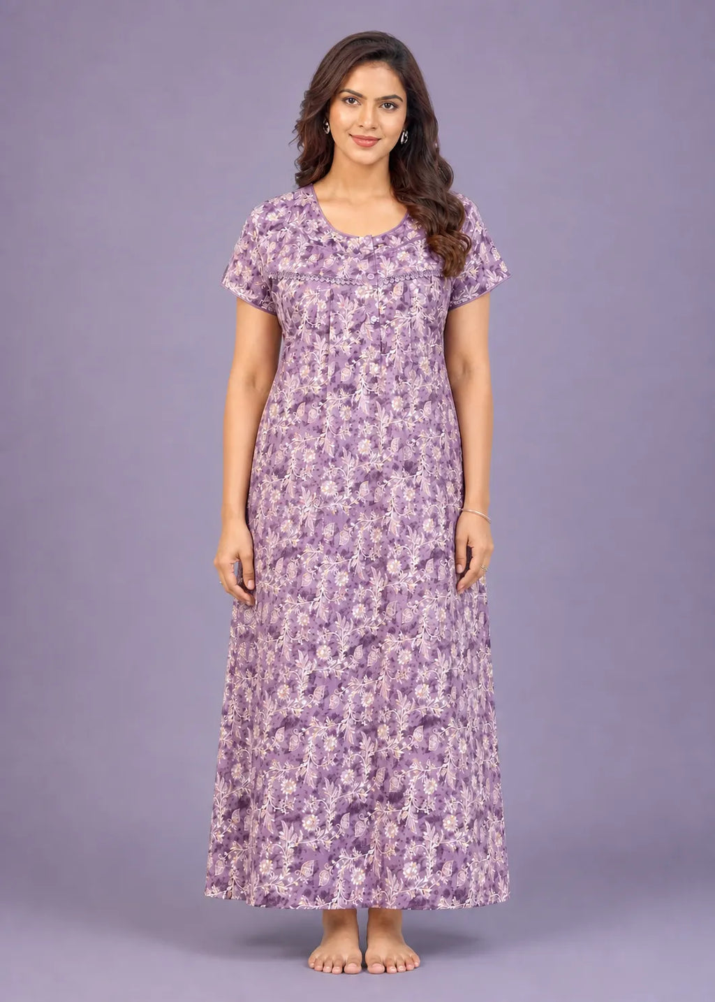 Purple White Floral Cotton Nightgown