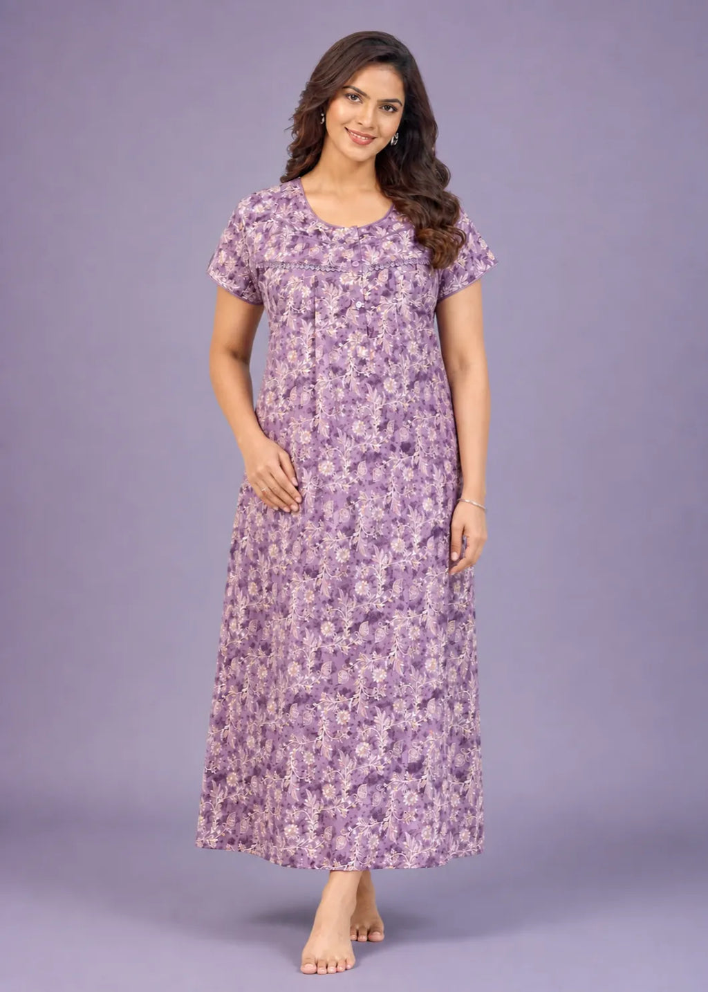 Purple White Floral Cotton Nightgown