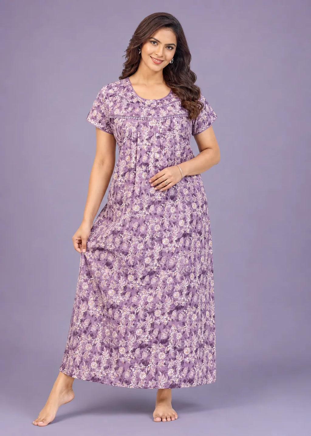Purple White Floral Cotton Nightgown