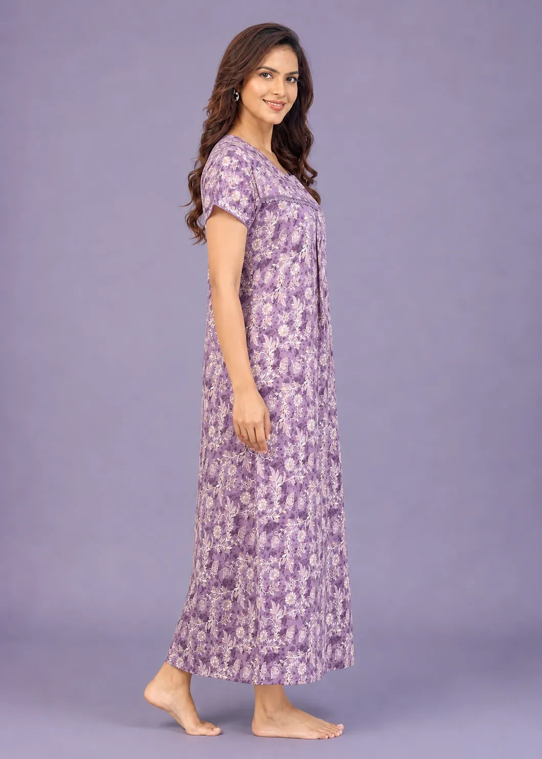 Purple White Floral Cotton Nightgown
