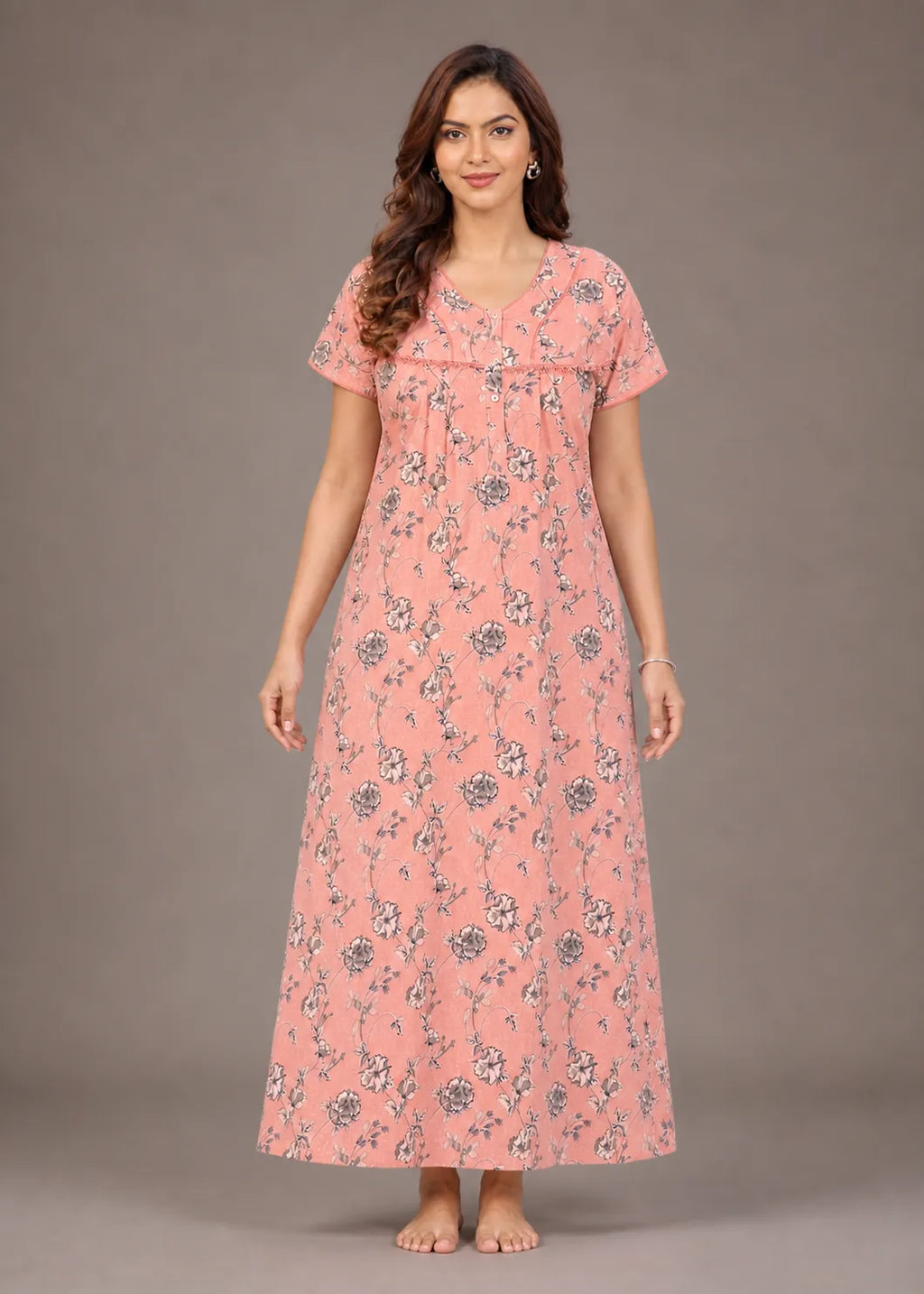 Salmon Floral Print Cotton Nightgown