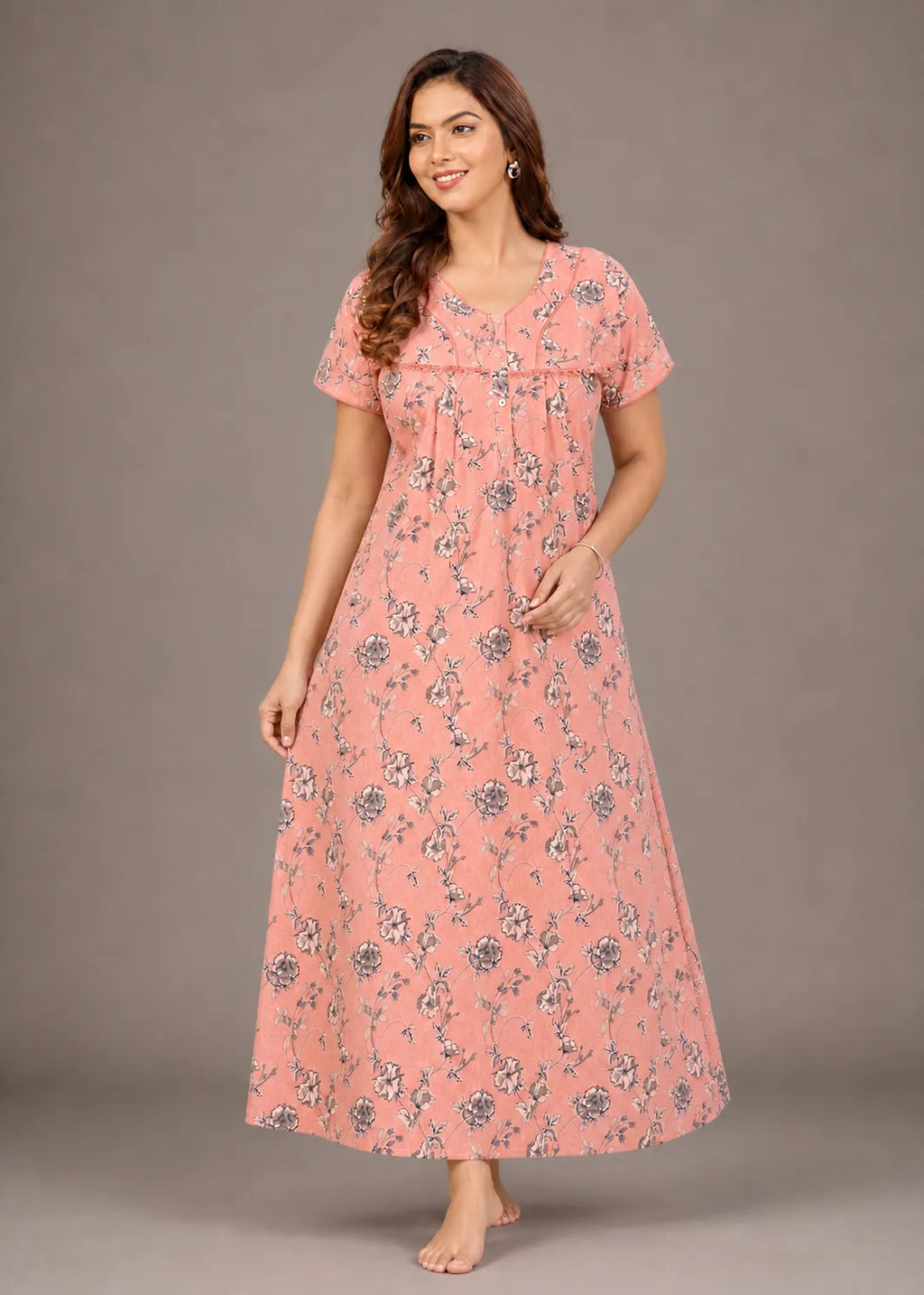Salmon Floral Print Cotton Nightgown