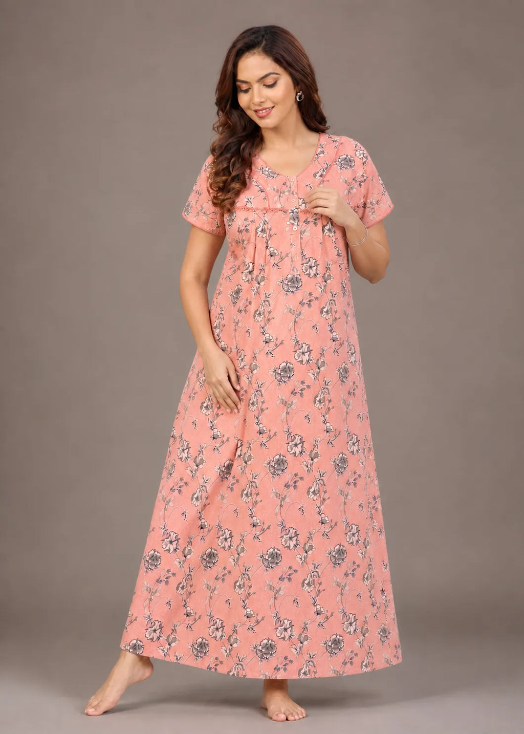 Salmon Floral Print Cotton Nightgown