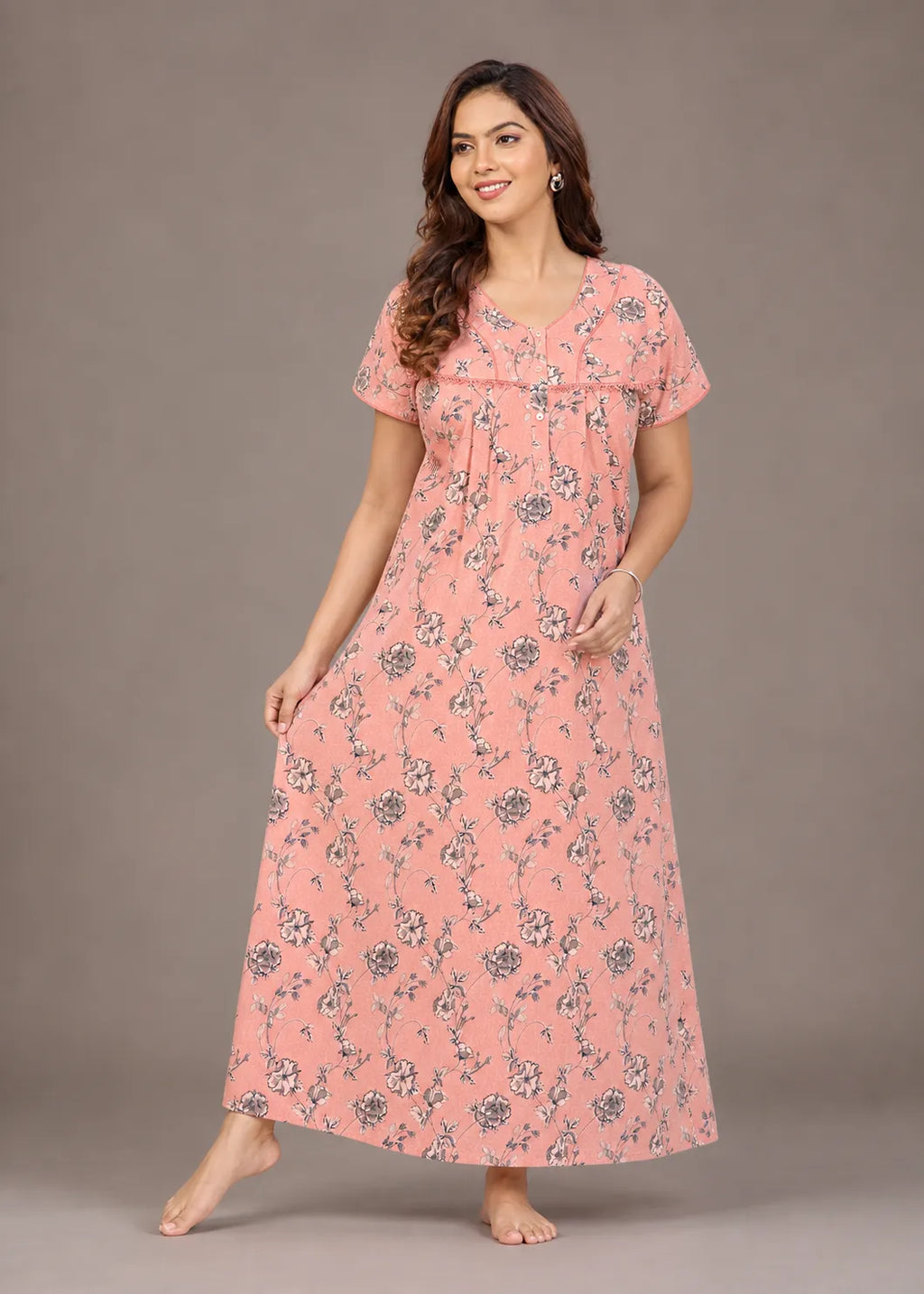 Salmon Floral Print Cotton Nightgown
