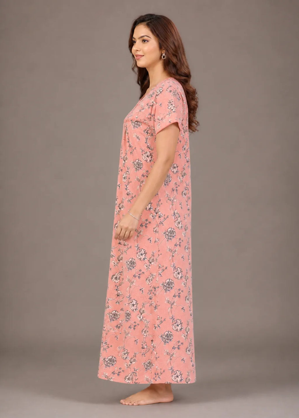 Salmon Floral Print Cotton Nightgown
