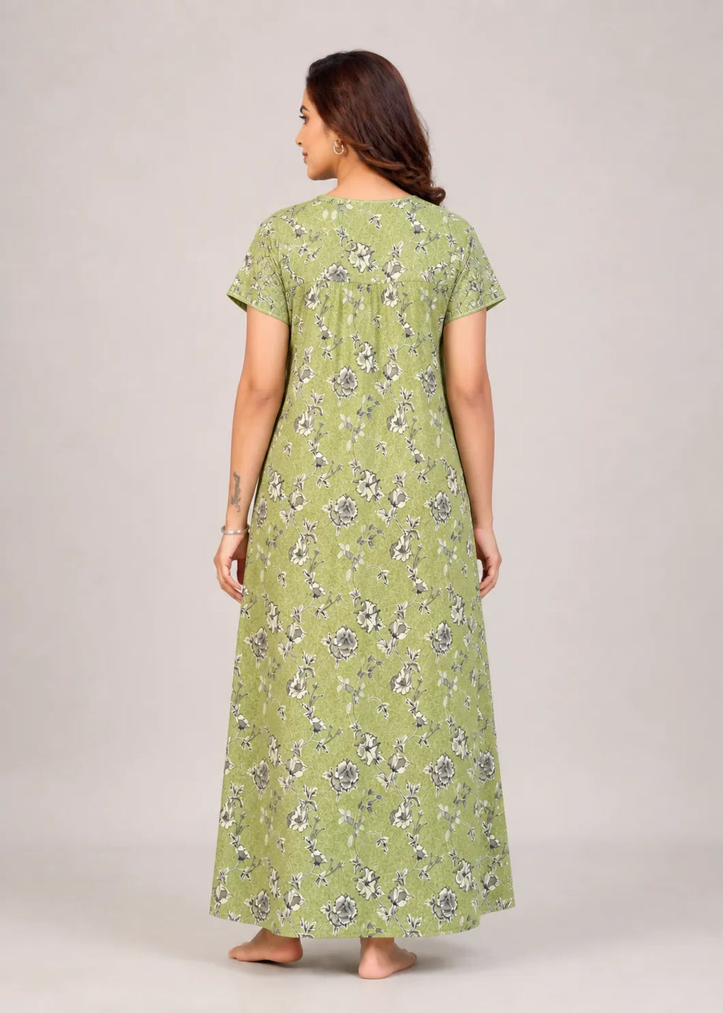 Moss Green Floral Print Cotton Nightgown