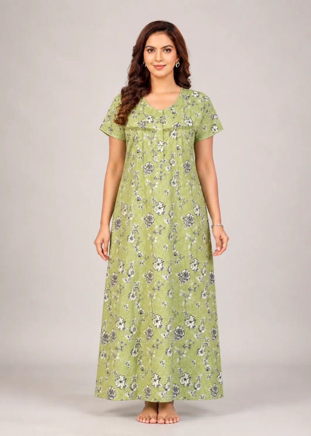 Moss Green Floral Print Cotton Nightgown