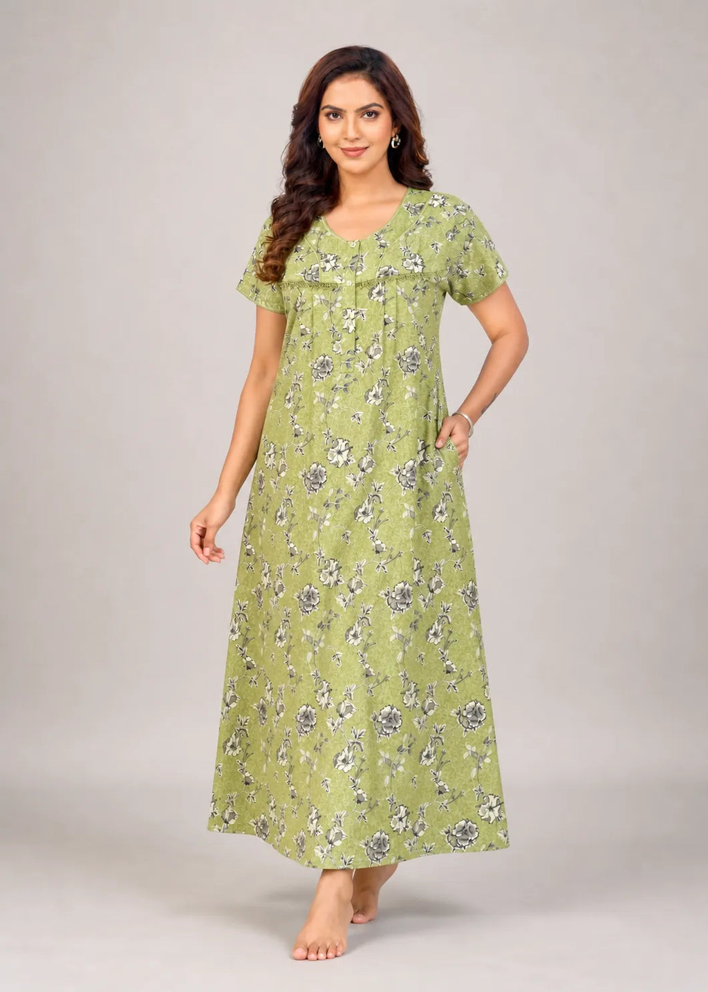 Moss Green Floral Print Cotton Nightgown