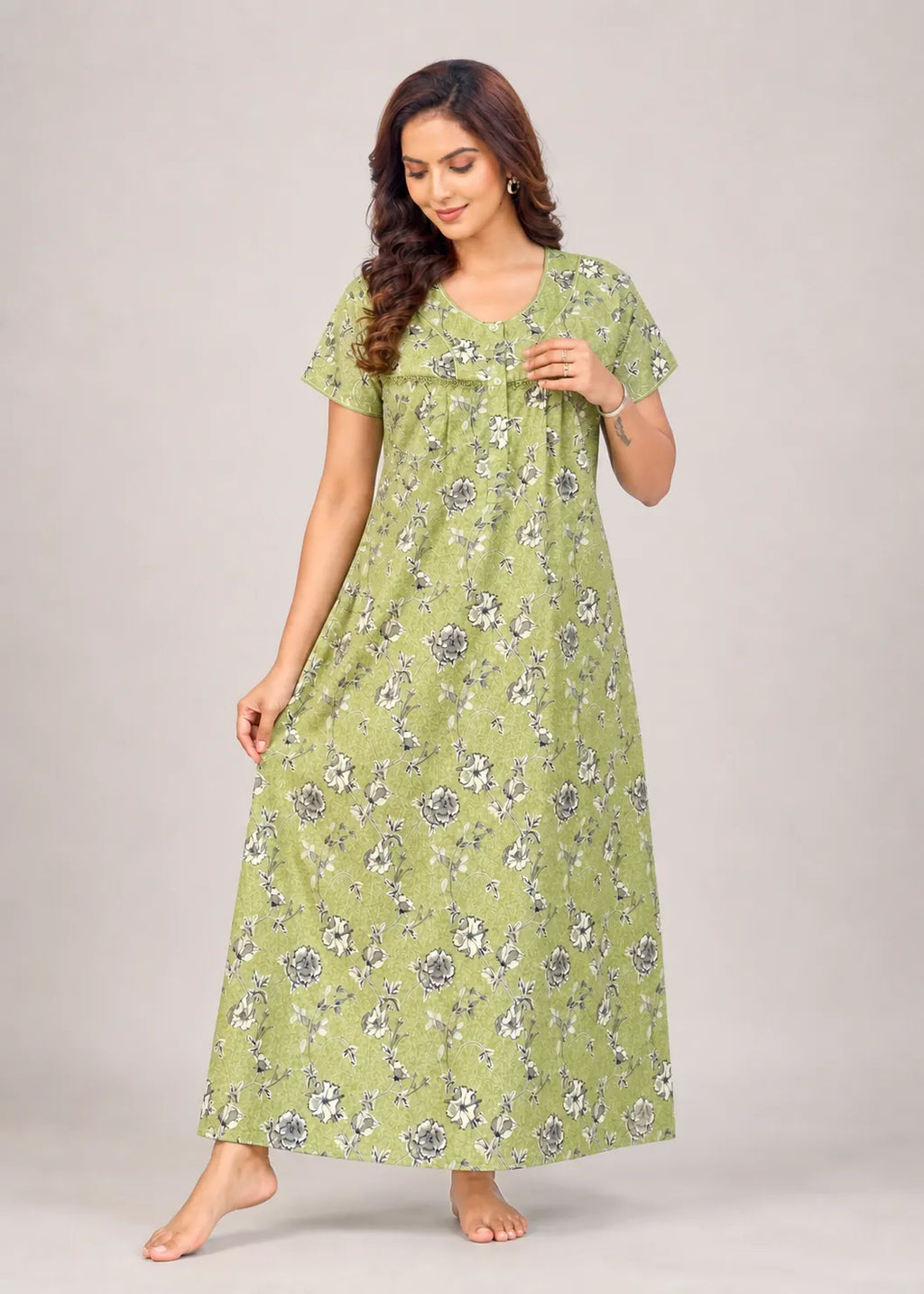 Moss Green Floral Print Cotton Nightgown