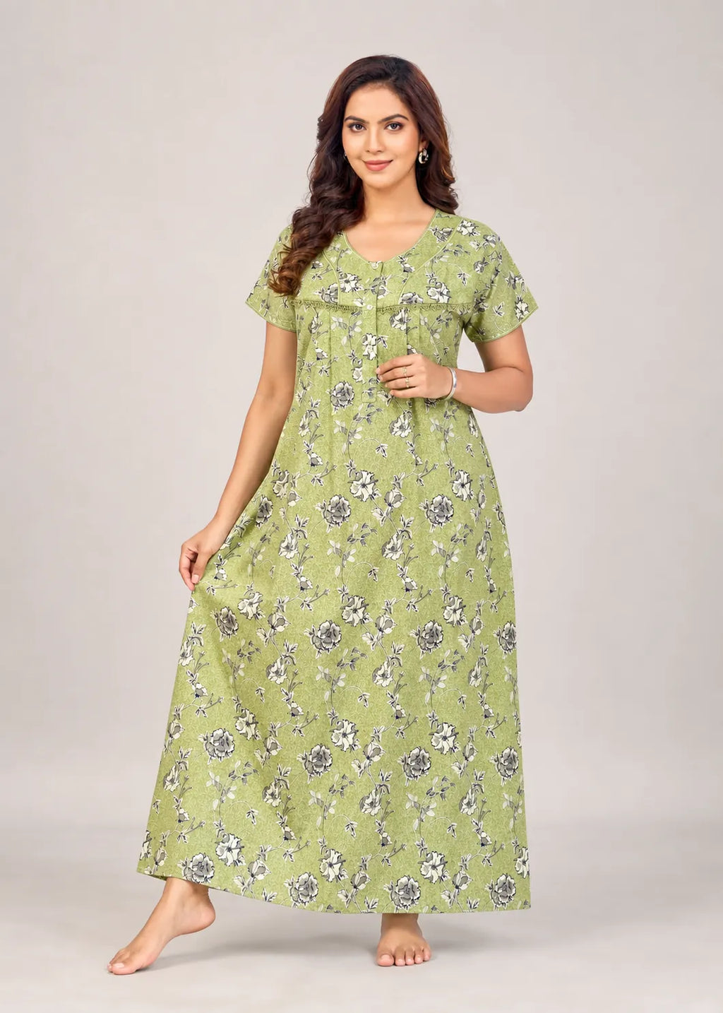 Moss Green Floral Print Cotton Nightgown