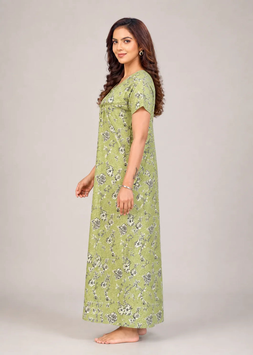 Moss Green Floral Print Cotton Nightgown
