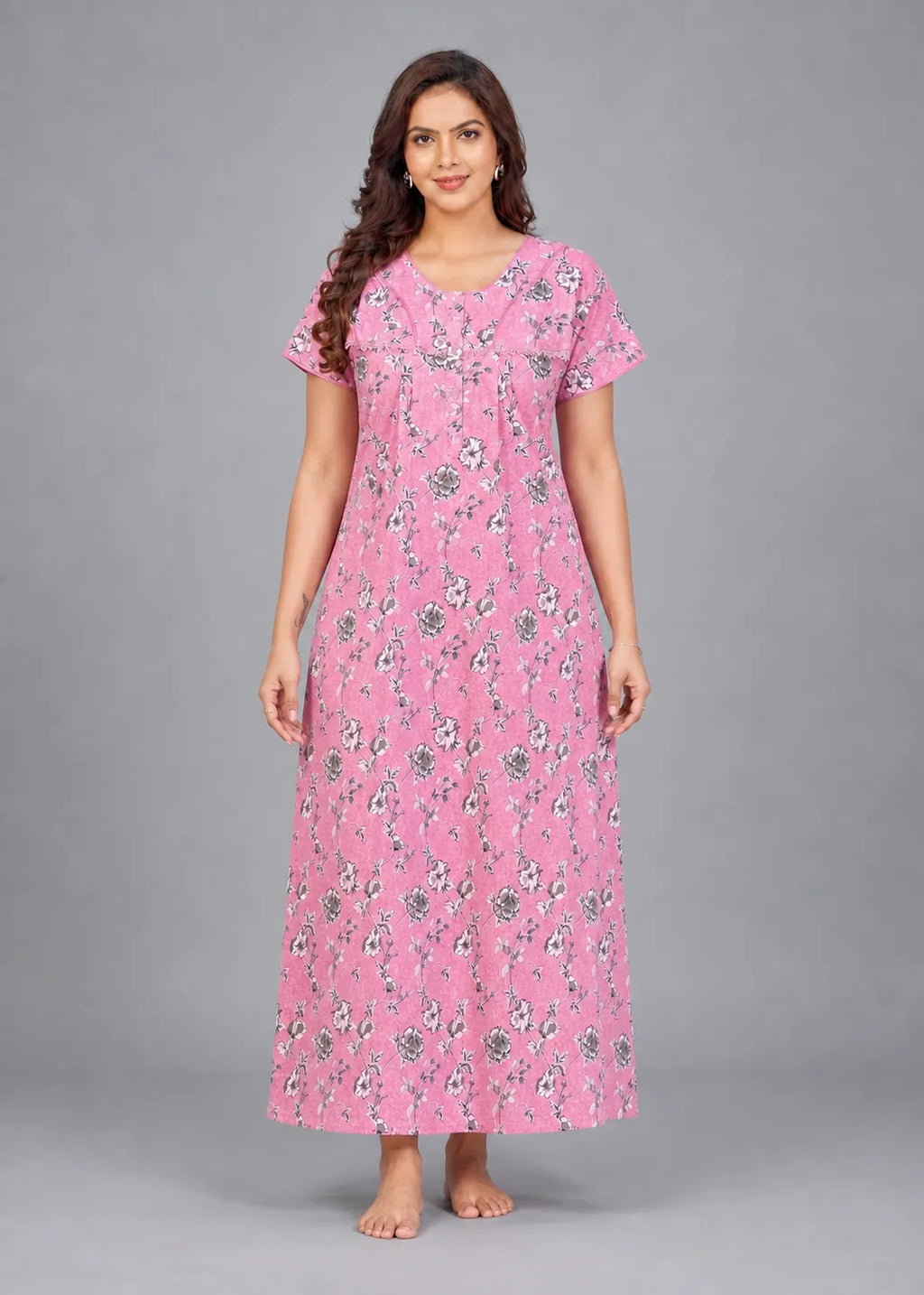 Carnation Pink Floral Print Cotton Nightgown