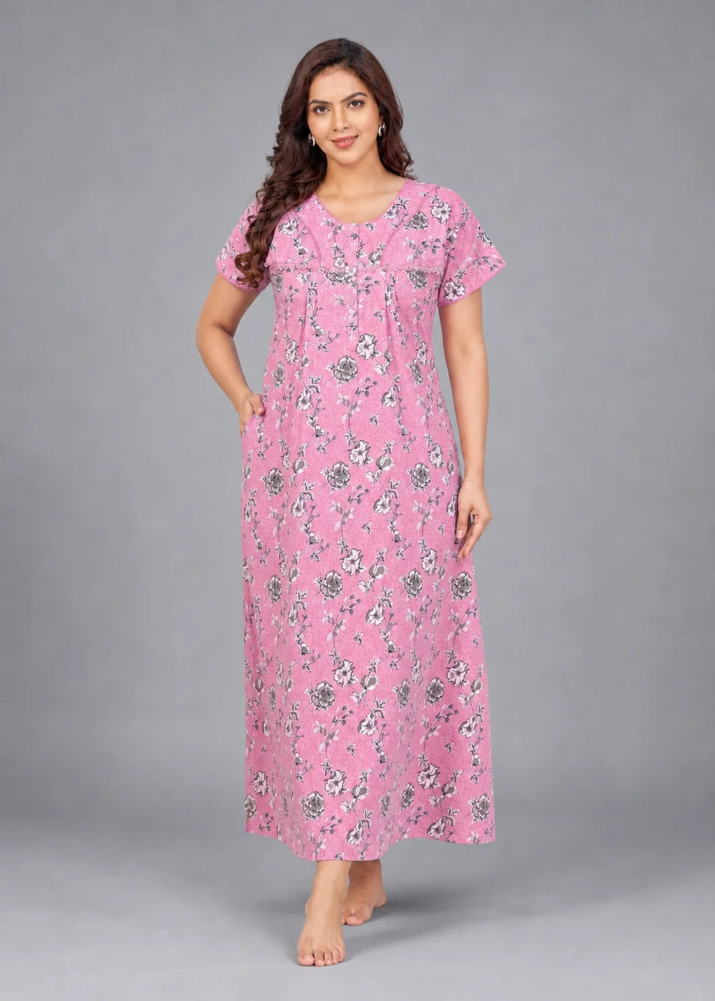 Carnation Pink Floral Print Cotton Nightgown