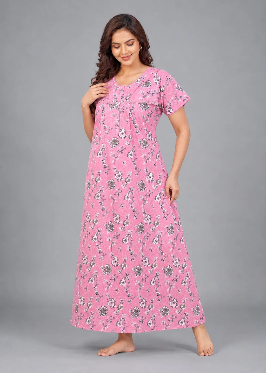Carnation Pink Floral Print Cotton Nightgown