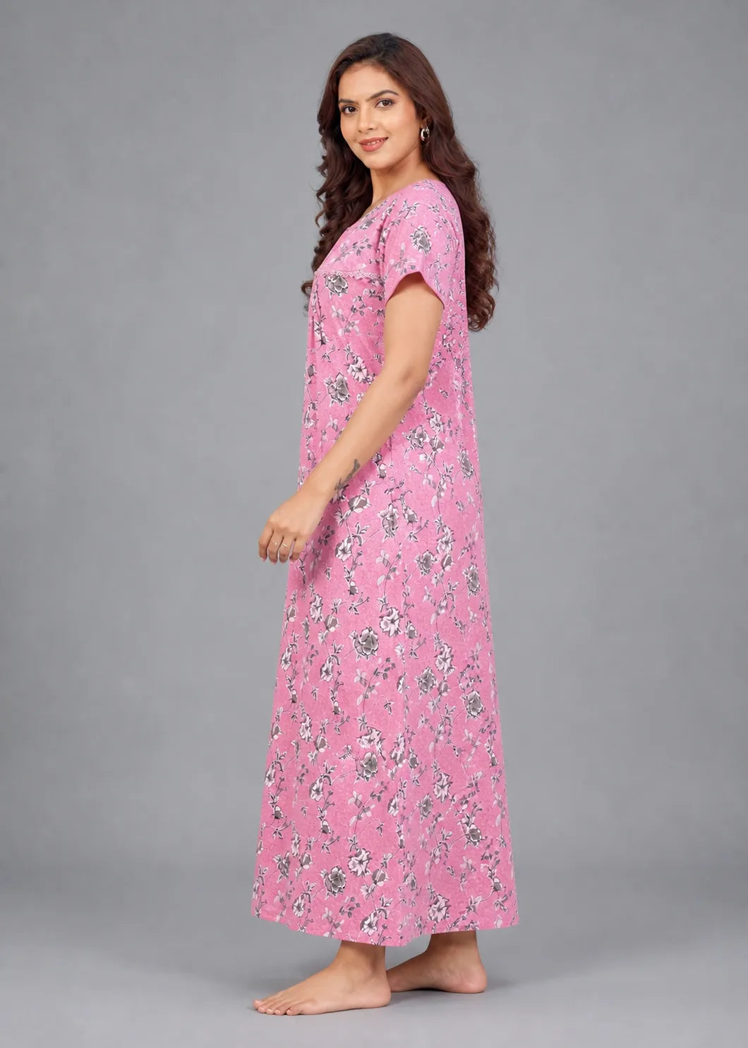 Carnation Pink Floral Print Cotton Nightgown