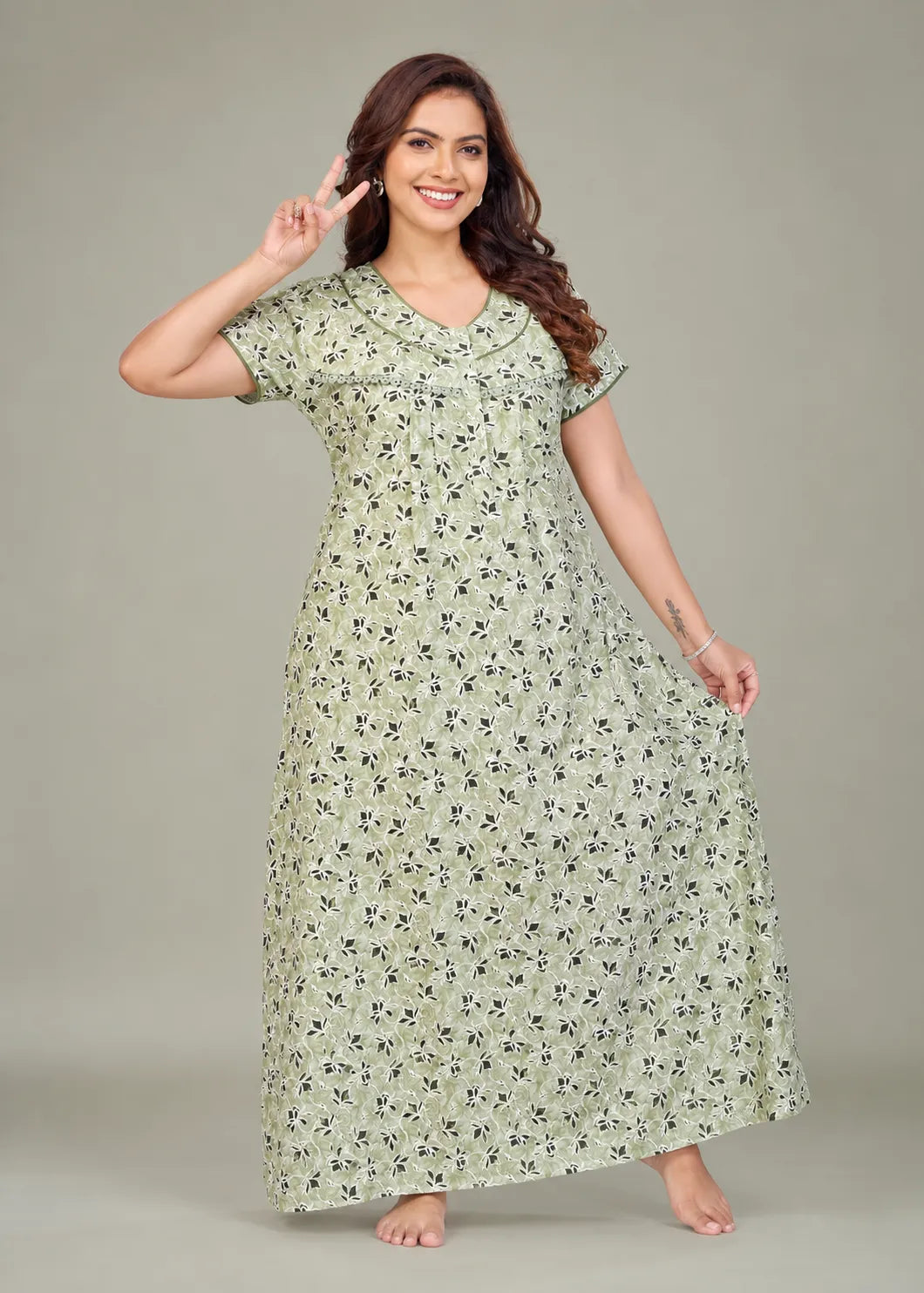 Light Green Geometric Floral Cotton Nightgown