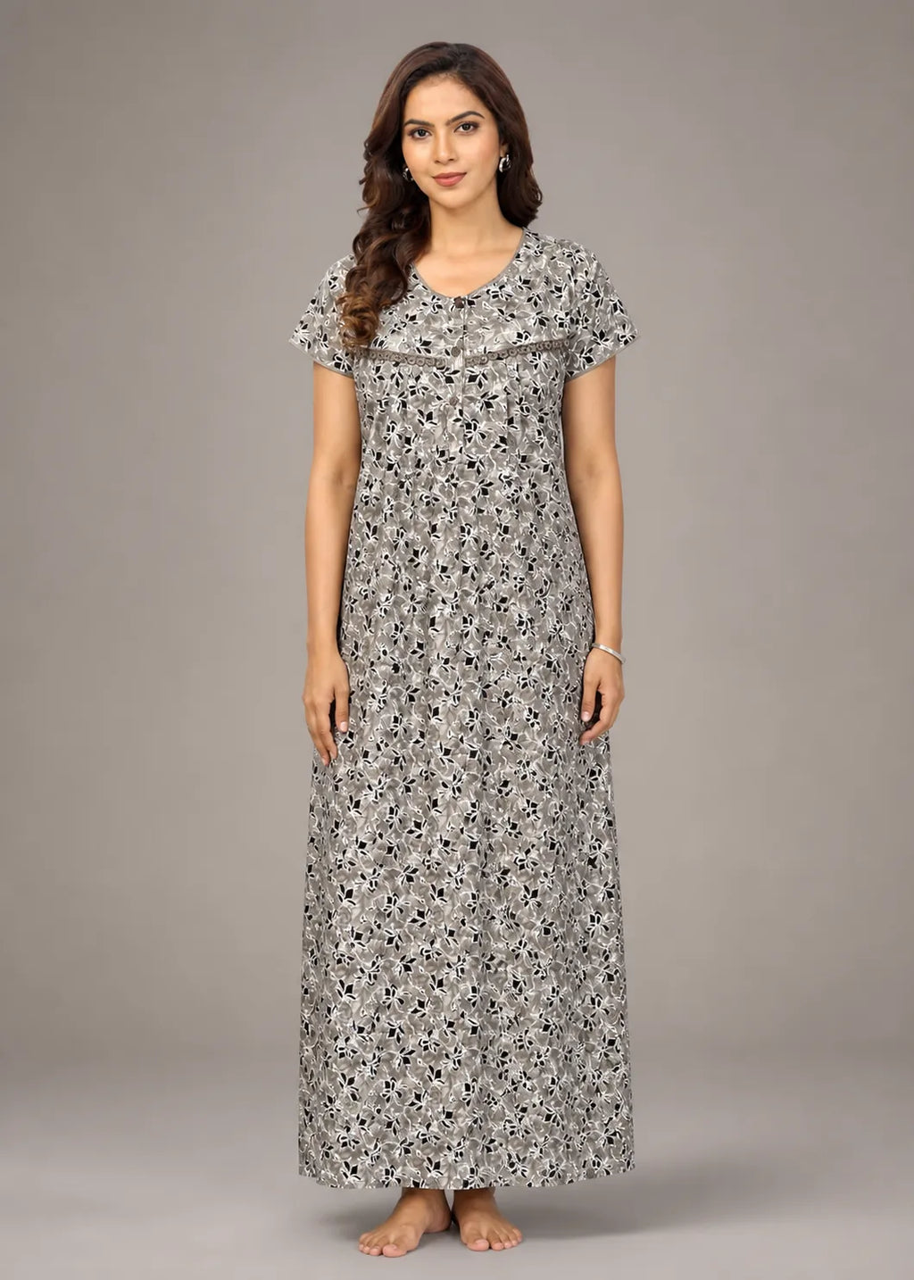 Grey Geometric Floral Cotton Nightgown