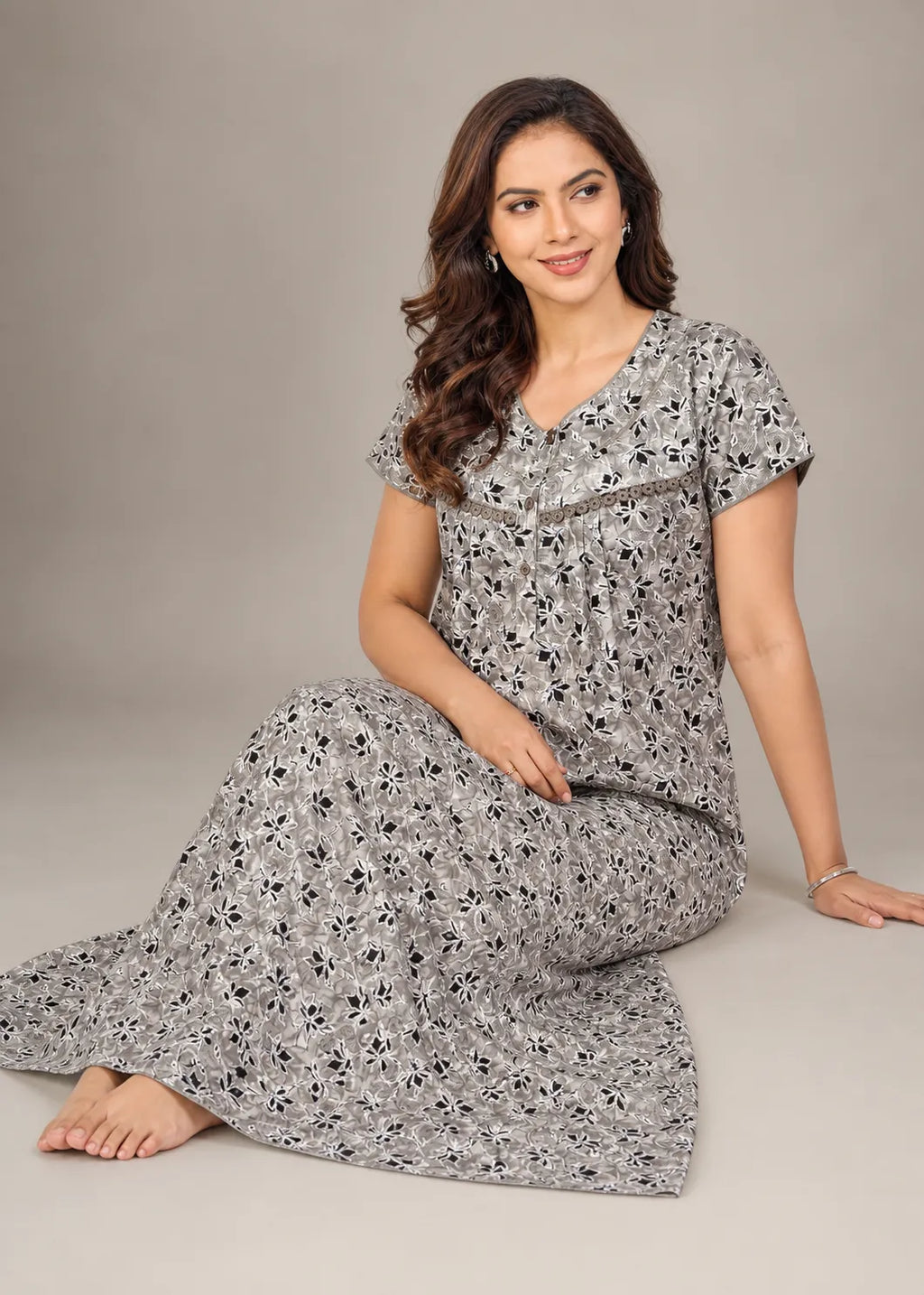 Grey Geometric Floral Cotton Nightgown