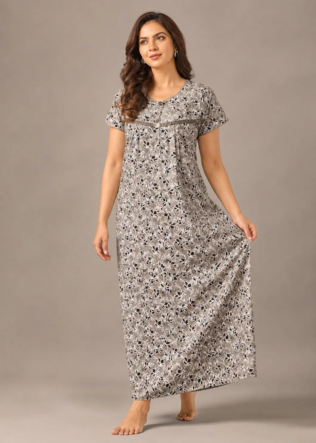 Grey Geometric Floral Cotton Nightgown