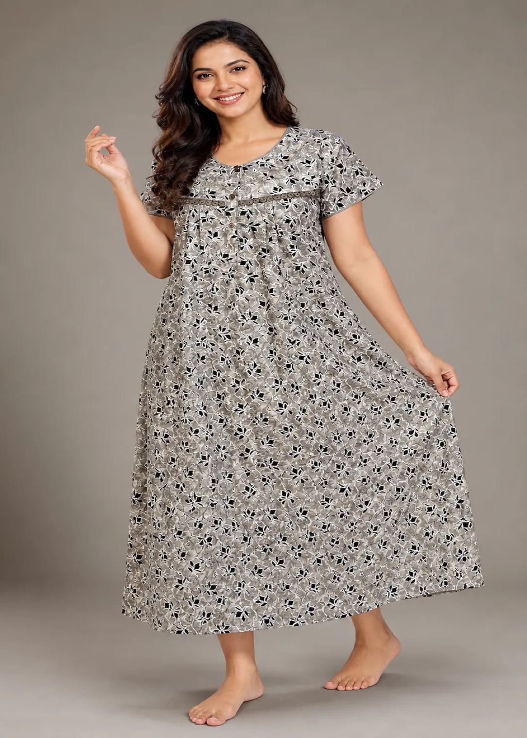 Grey Geometric Floral Cotton Nightgown