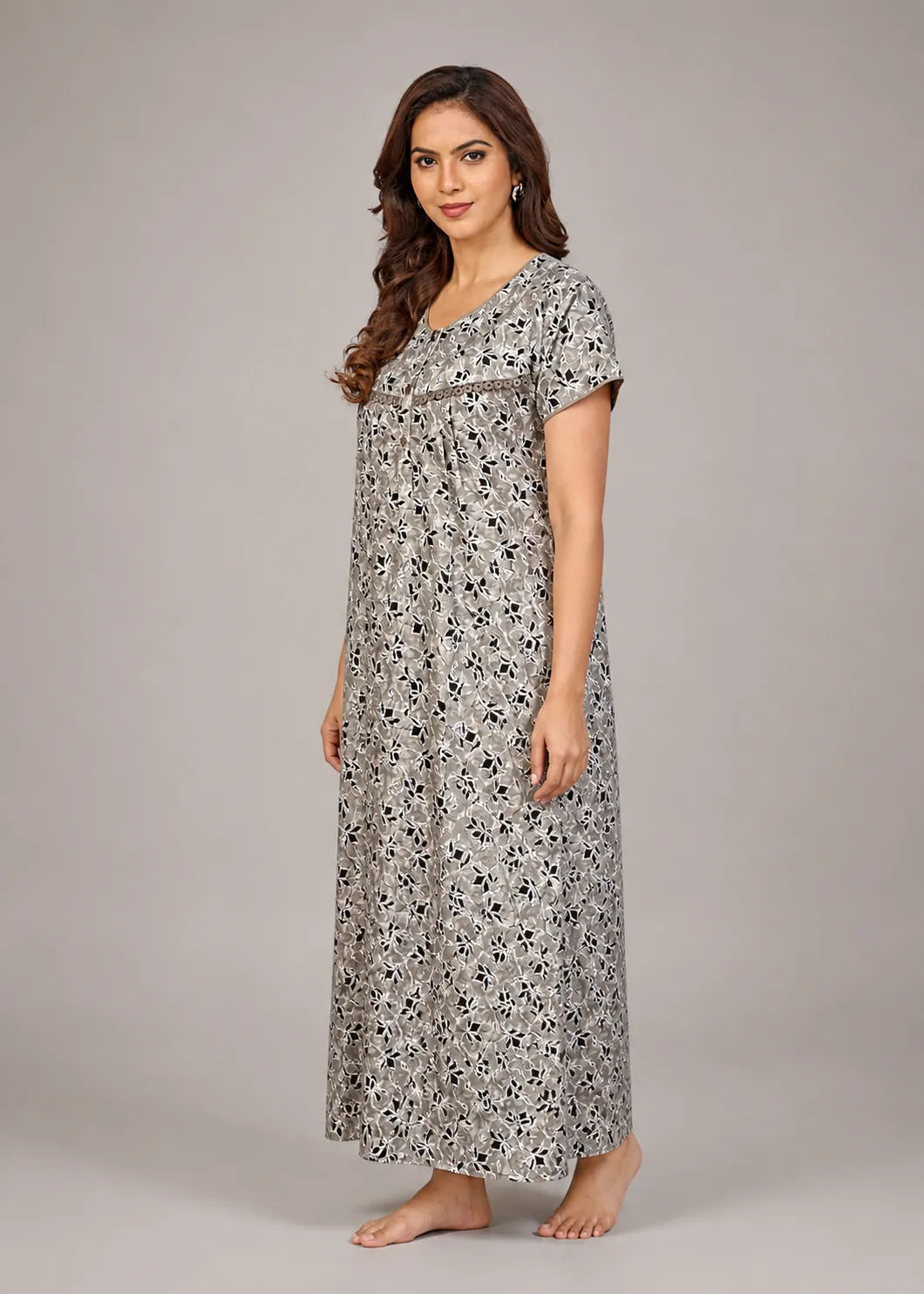 Grey Geometric Floral Cotton Nightgown