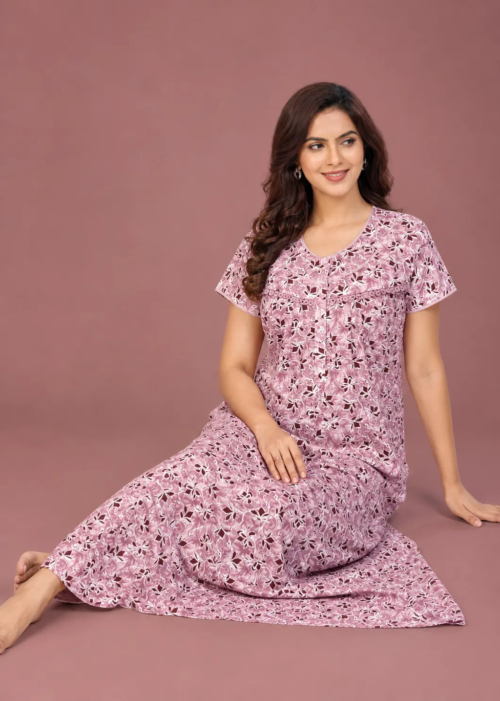 Mauve Geometric Floral Cotton Nightgown
