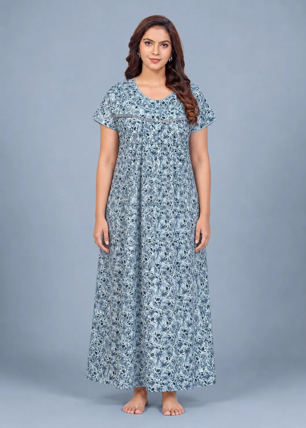 Blue Geometric Floral Cotton Nightgown