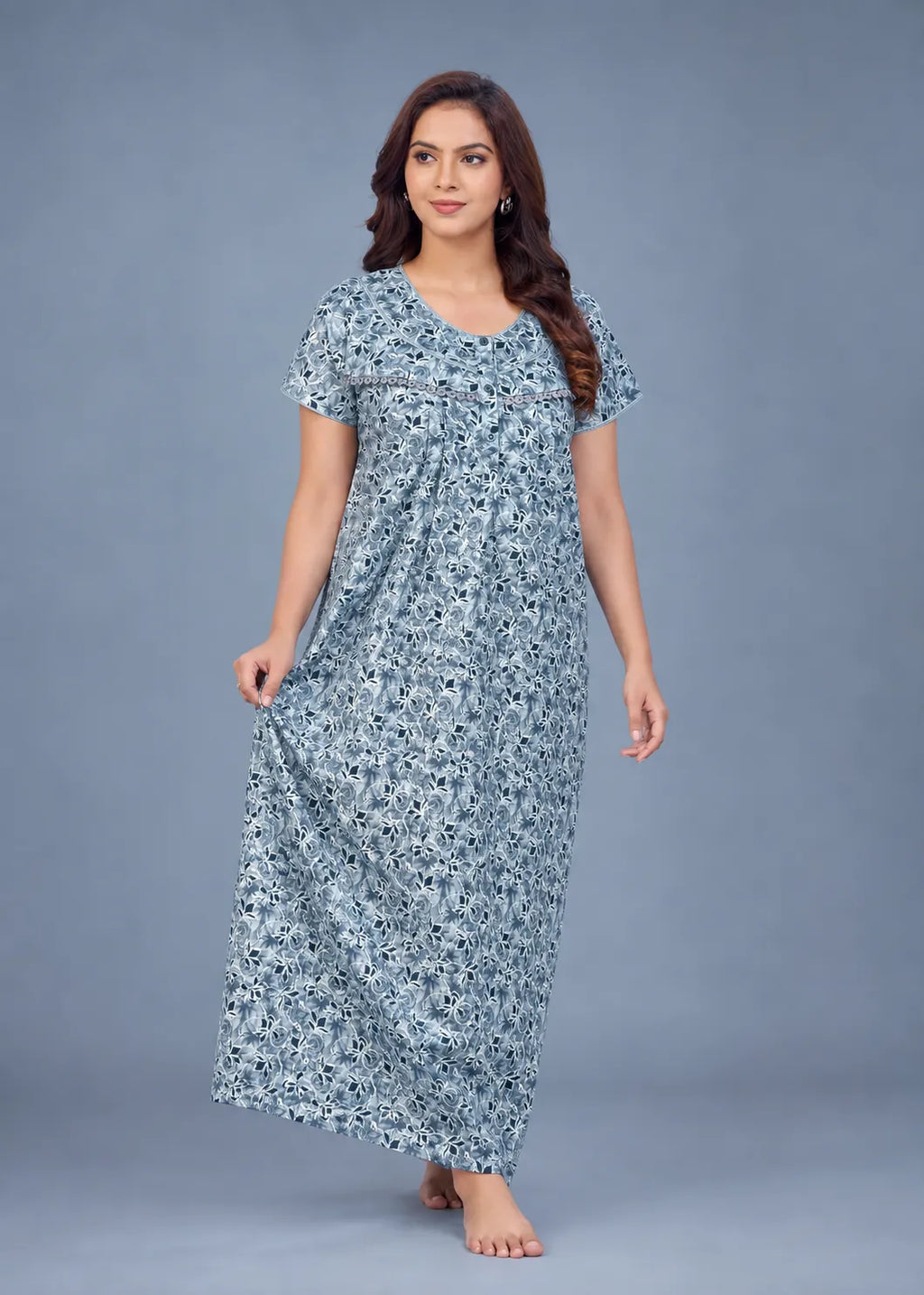 Blue Geometric Floral Cotton Nightgown