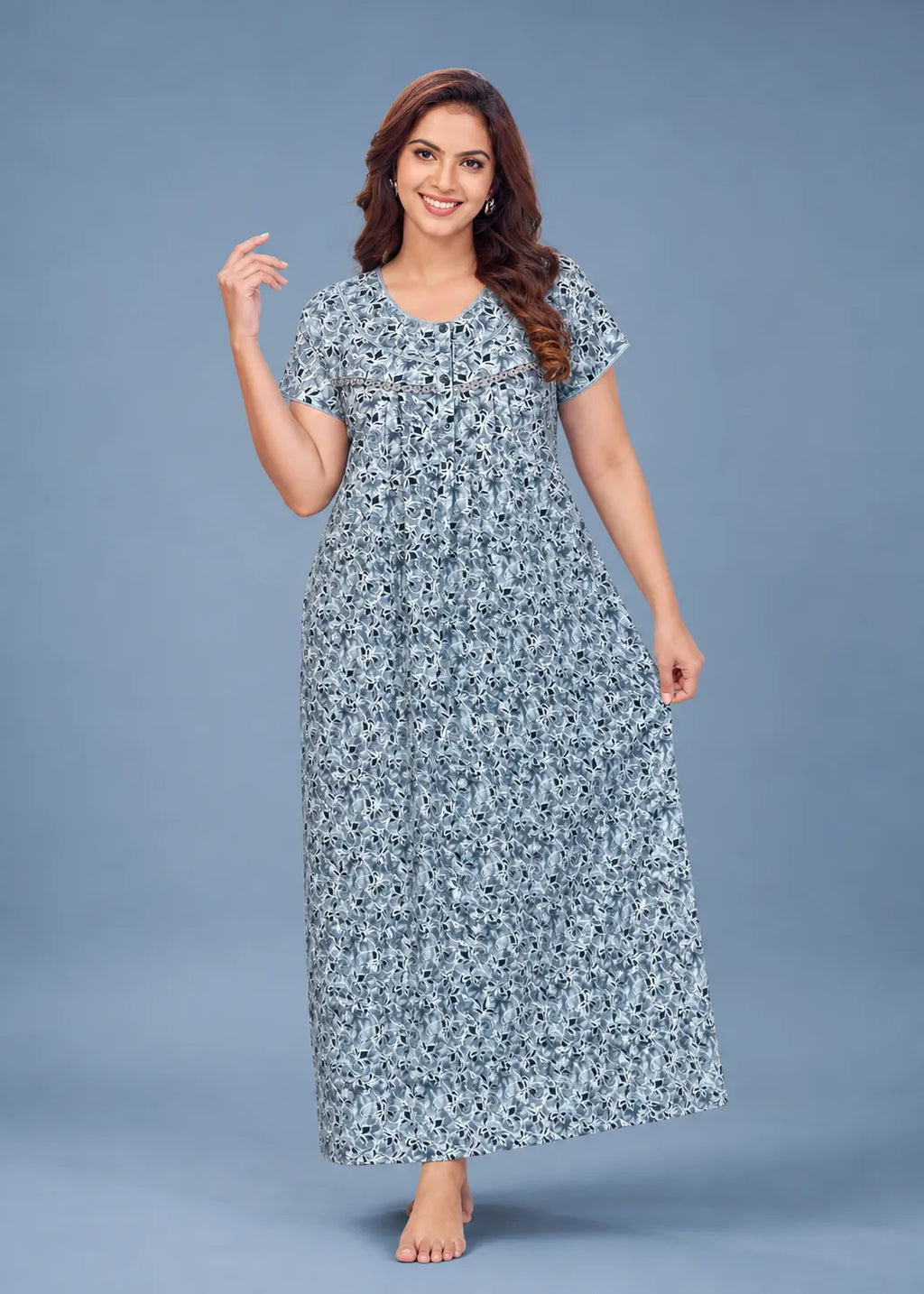 Blue Geometric Floral Cotton Nightgown