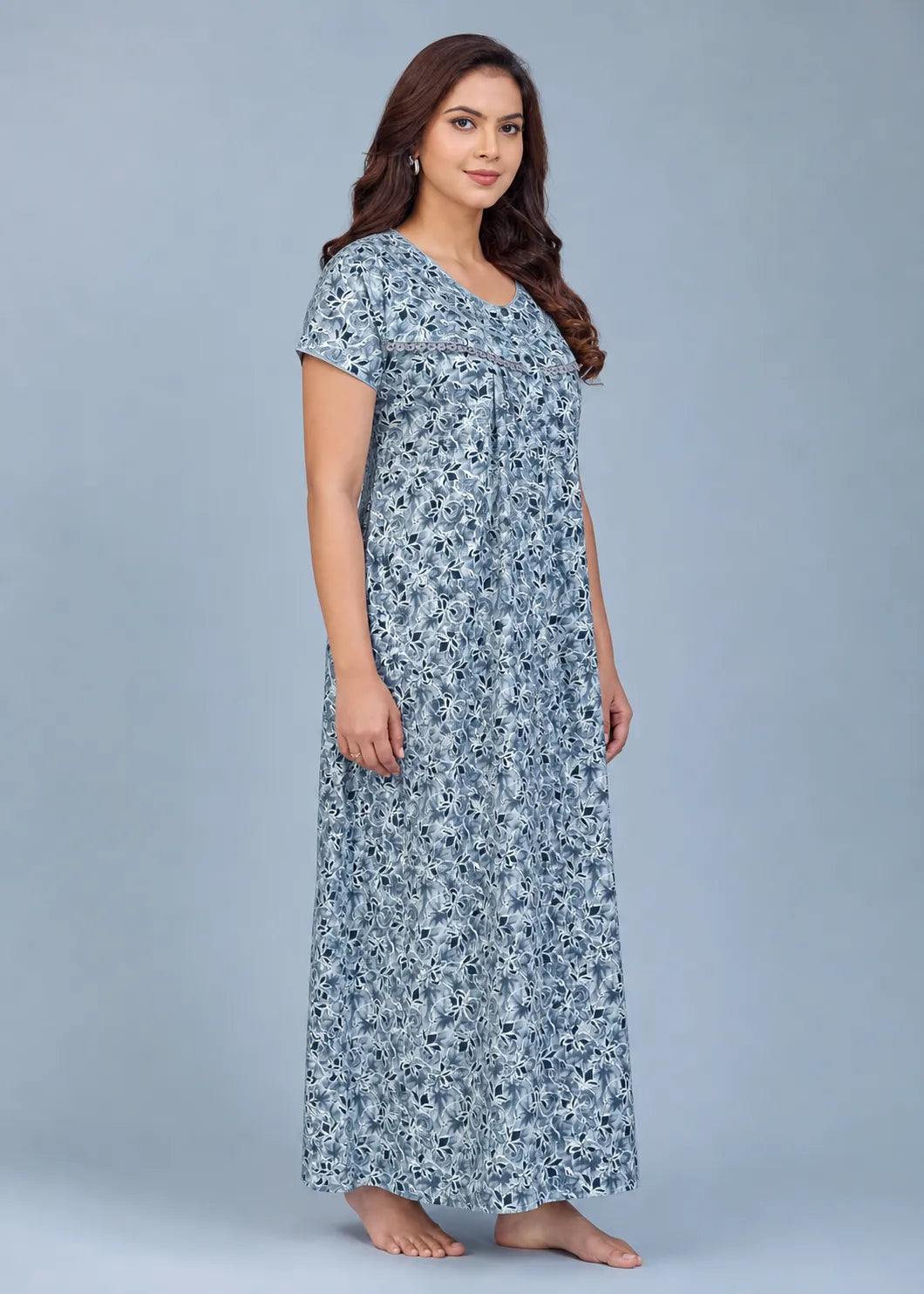 Blue Geometric Floral Cotton Nightgown