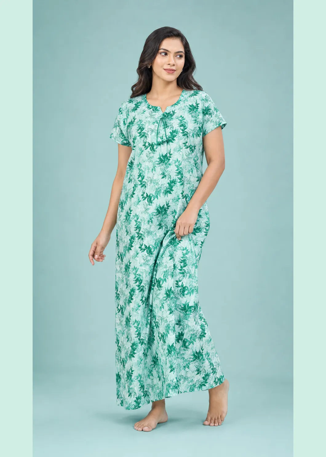 Mint Green Leaf Print Cotton Nightgown