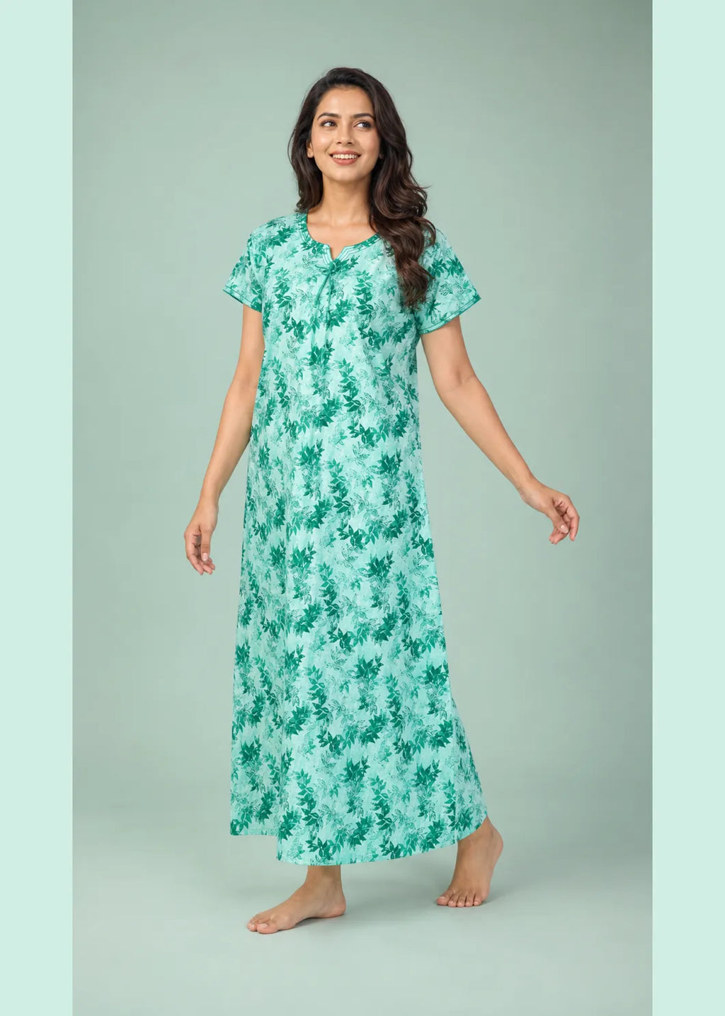 Mint Green Leaf Print Cotton Nightgown