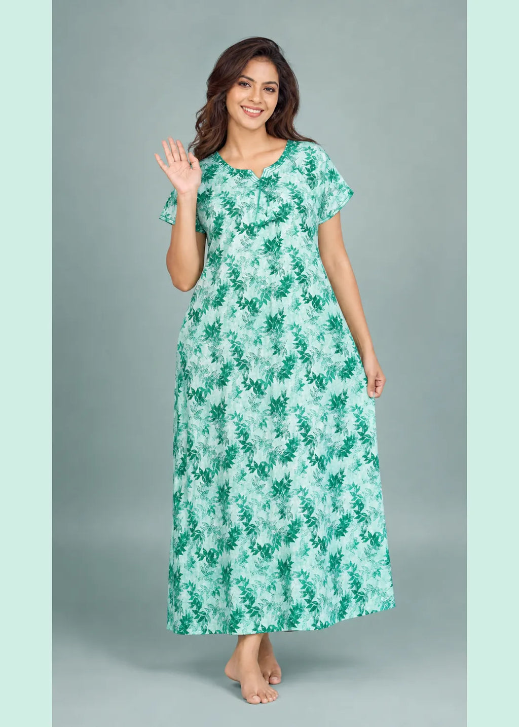 Mint Green Leaf Print Cotton Nightgown
