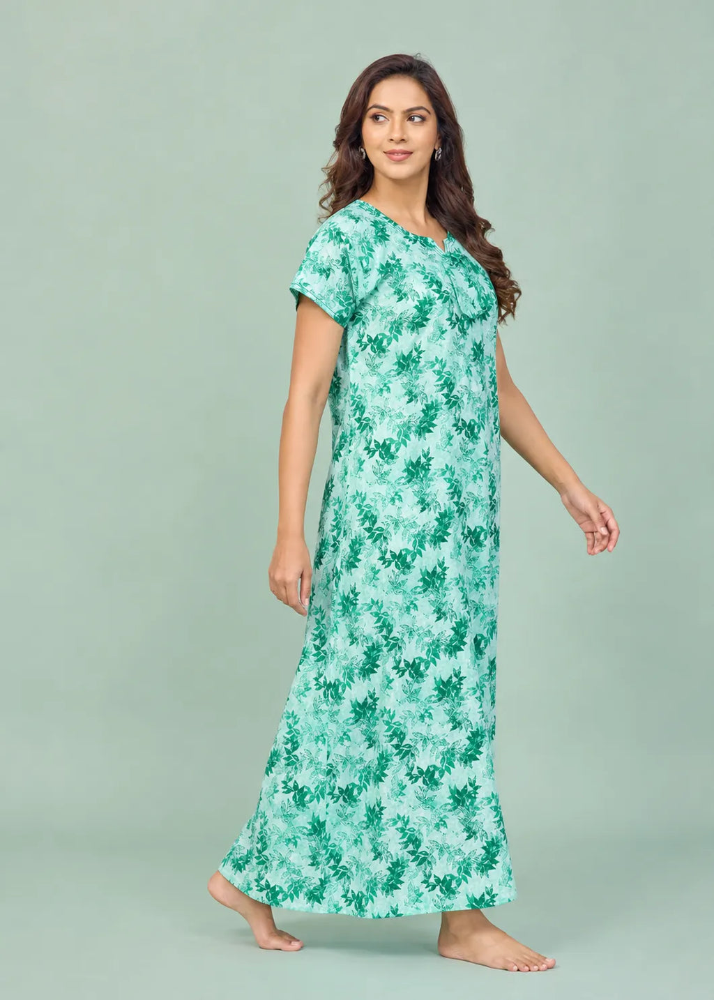 Mint Green Leaf Print Cotton Nightgown