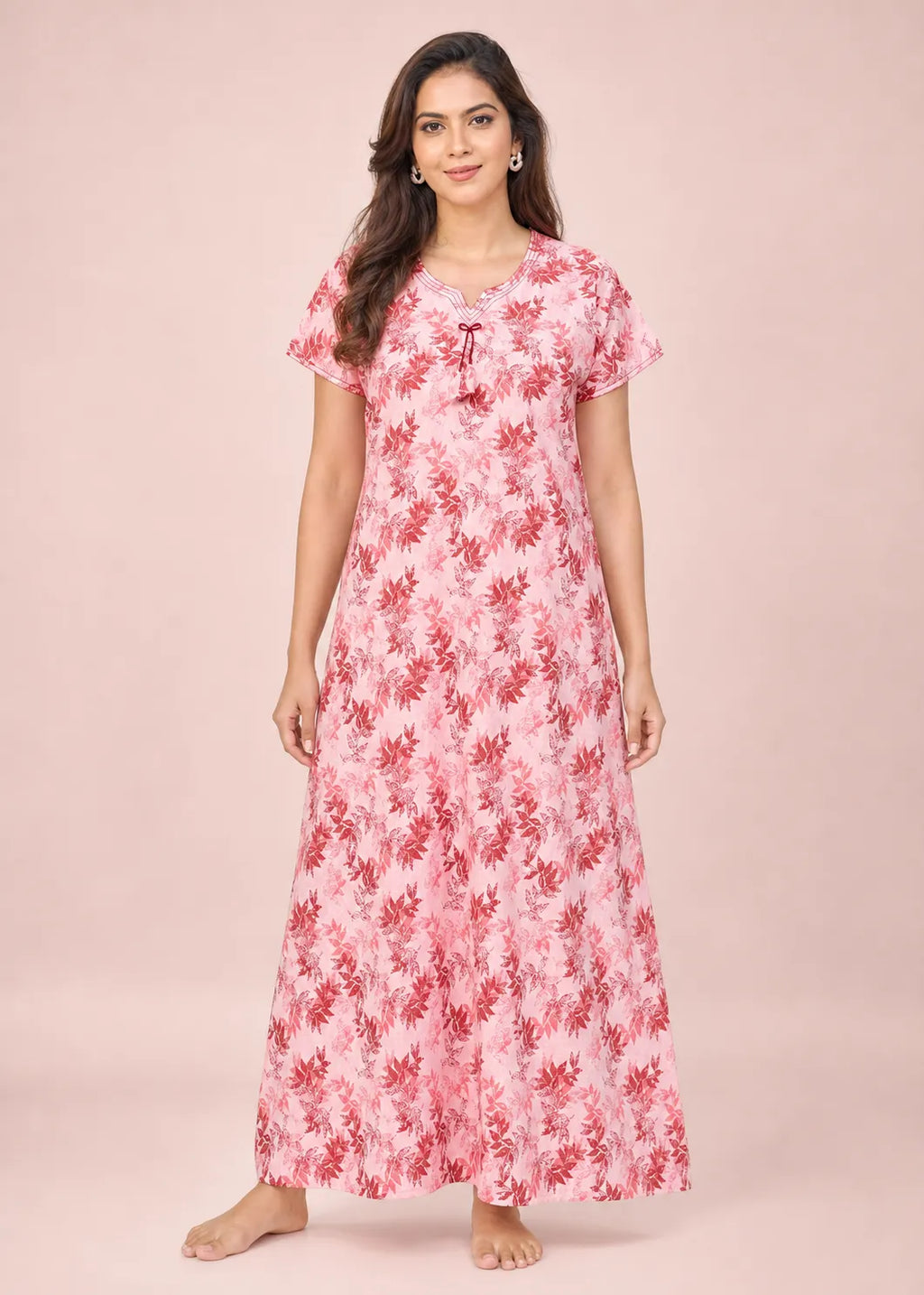 Peach Leaf Print Cotton Nightgown