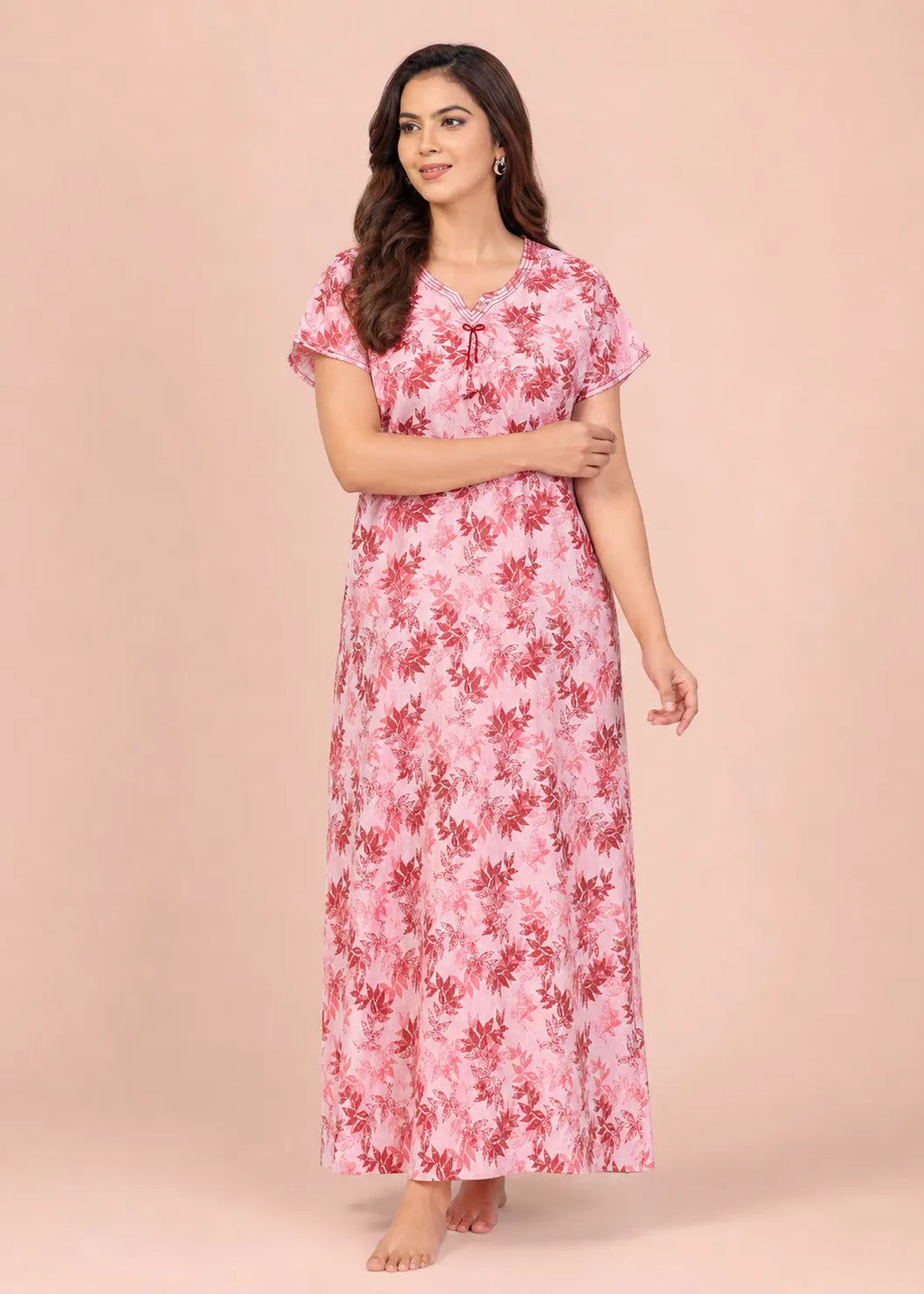 Peach Leaf Print Cotton Nightgown