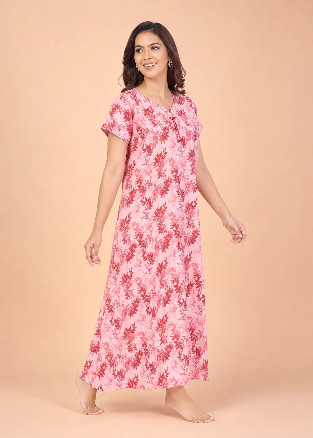 Peach Leaf Print Cotton Nightgown