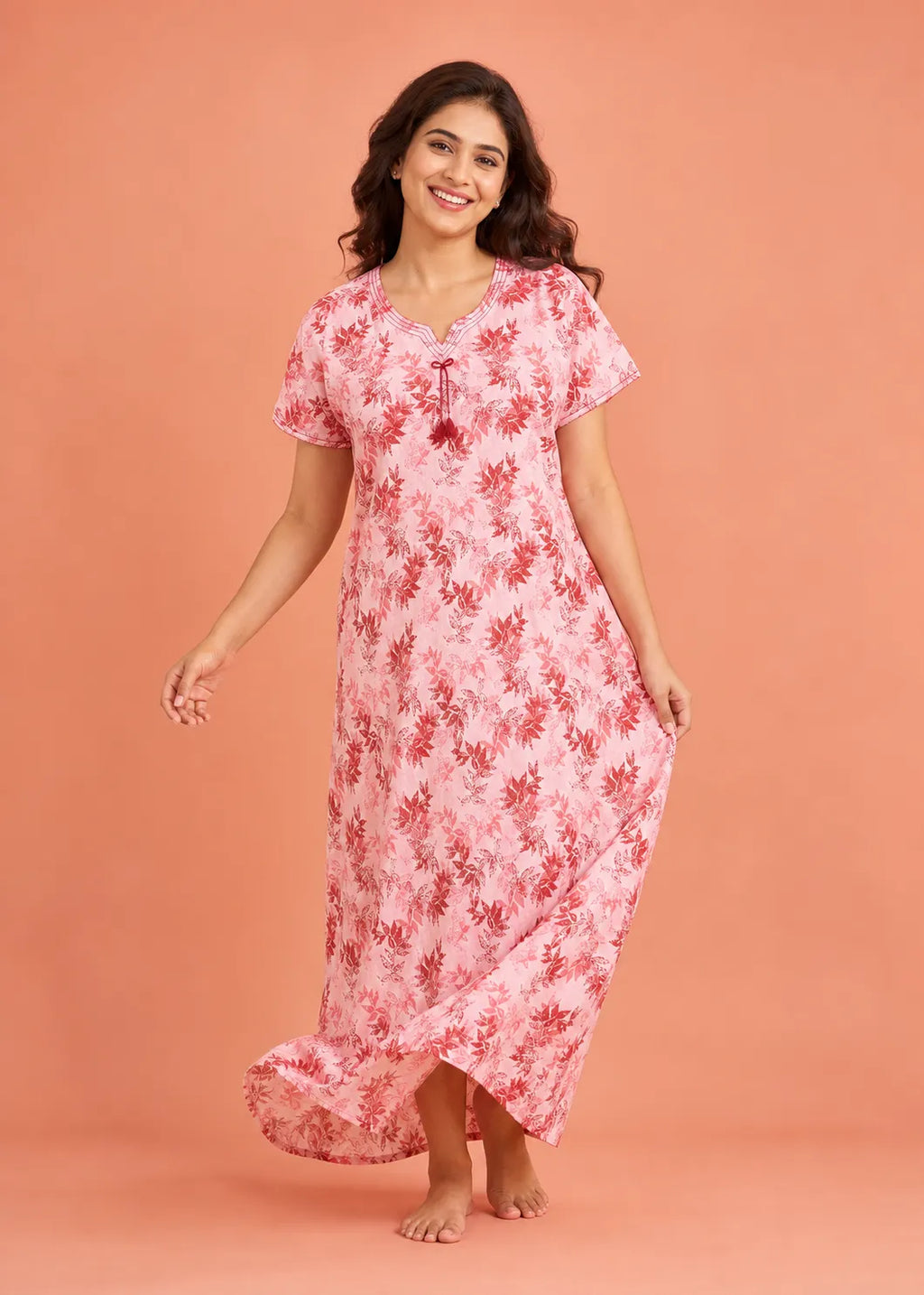 Peach Leaf Print Cotton Nightgown
