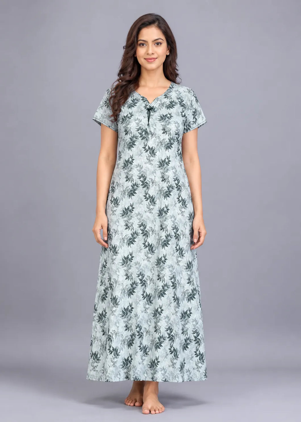 Light Grey Leaf Print Cotton Nightgown