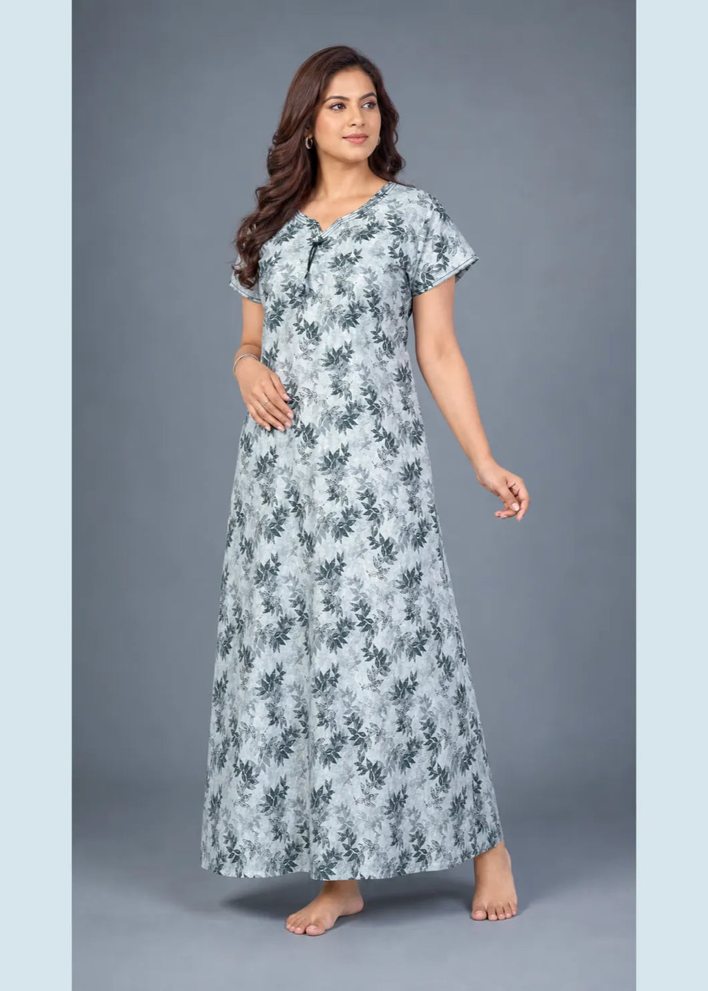 Light Grey Leaf Print Cotton Nightgown