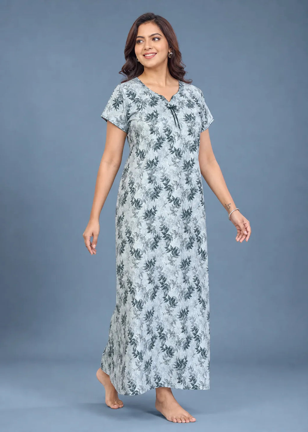 Light Grey Leaf Print Cotton Nightgown