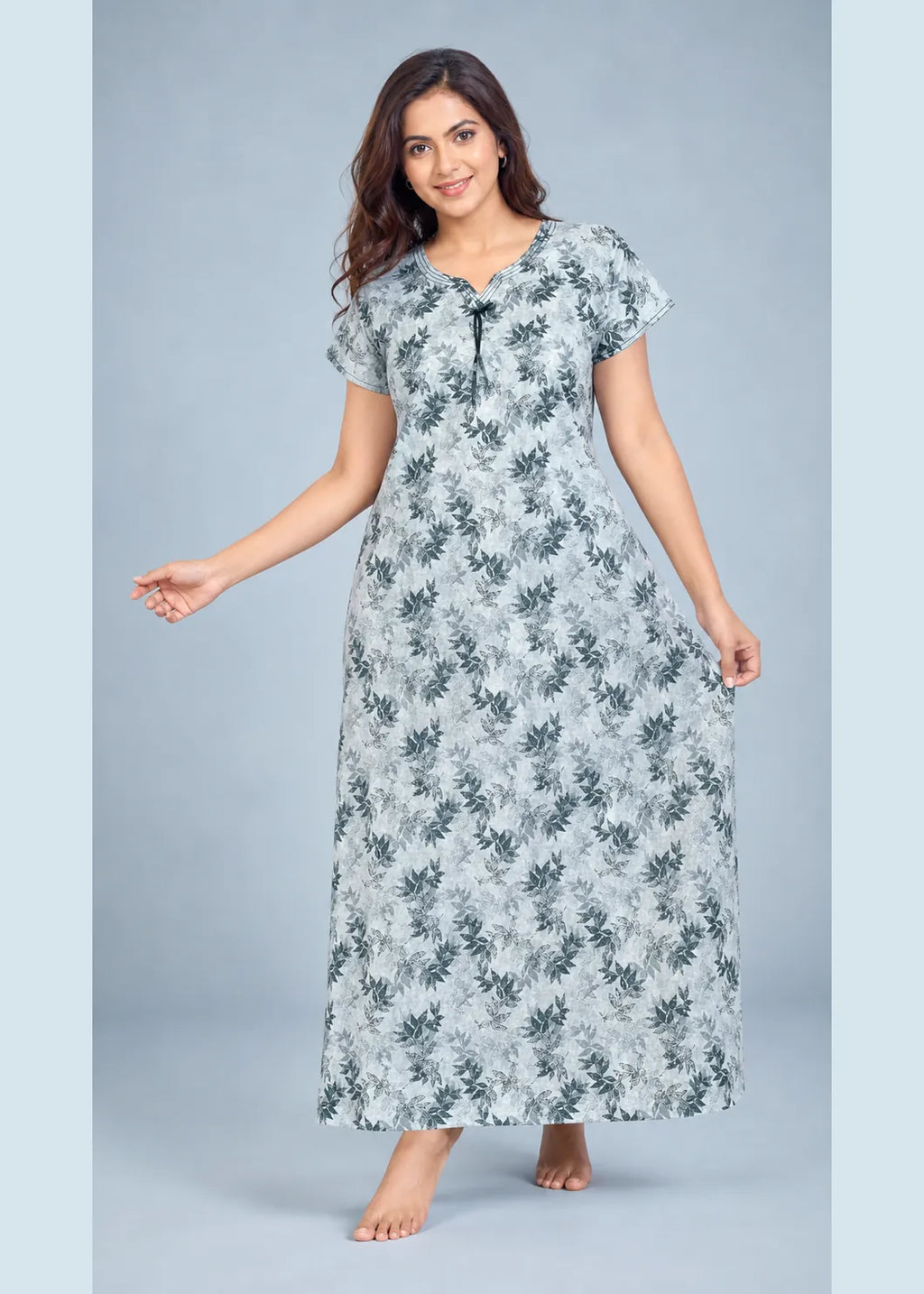 Light Grey Leaf Print Cotton Nightgown