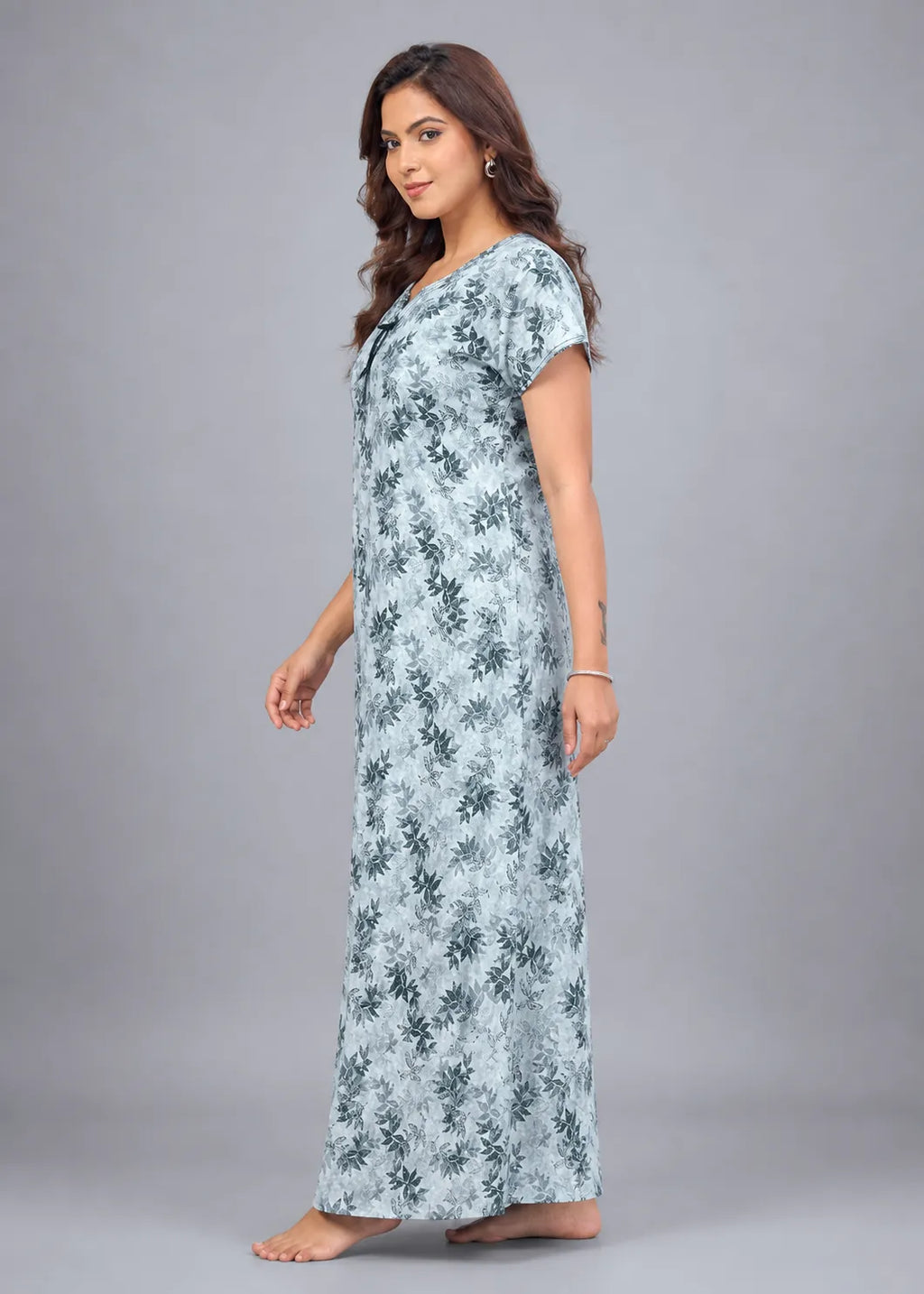 Light Grey Leaf Print Cotton Nightgown