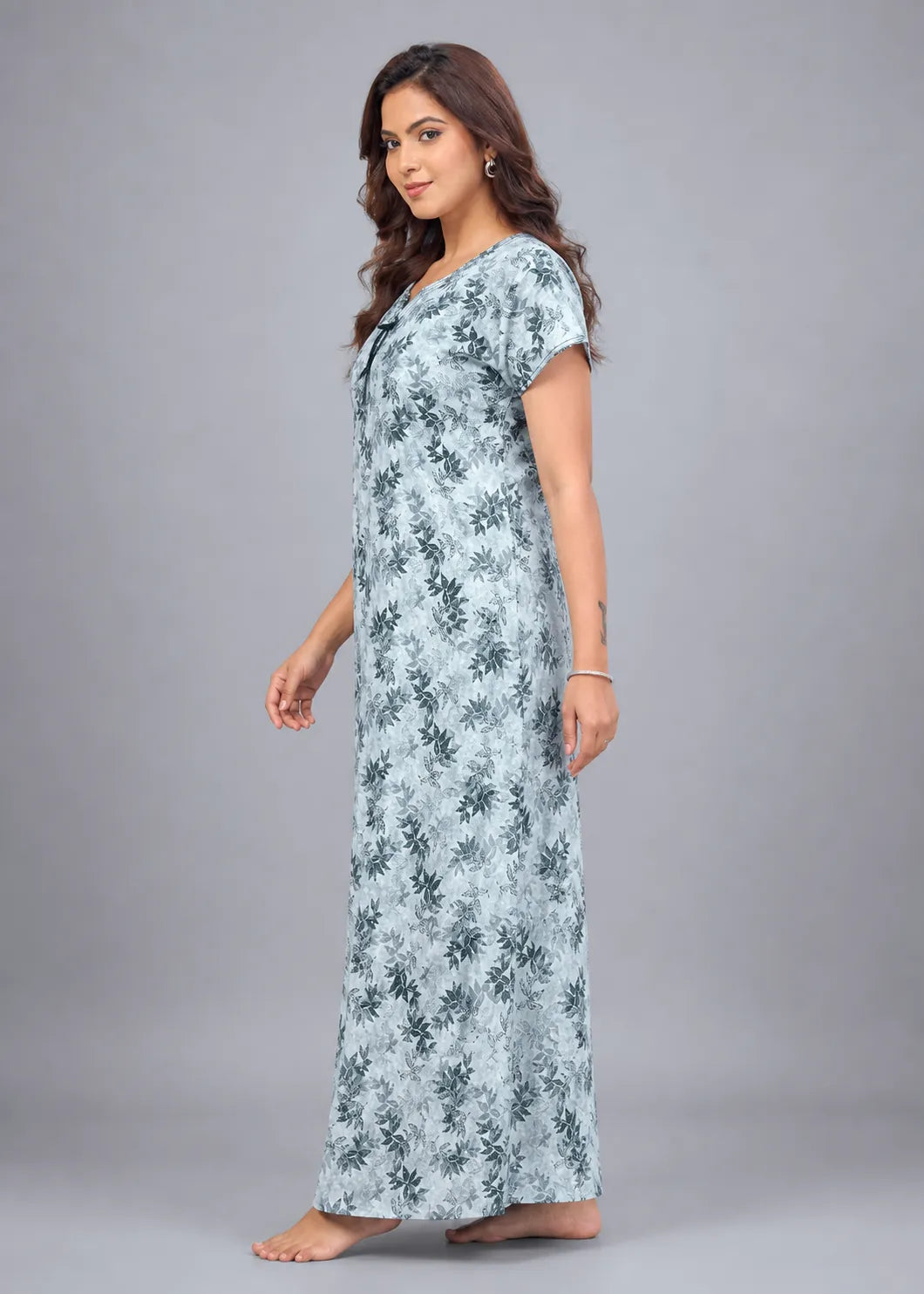 Light Grey Leaf Print Cotton Nightgown