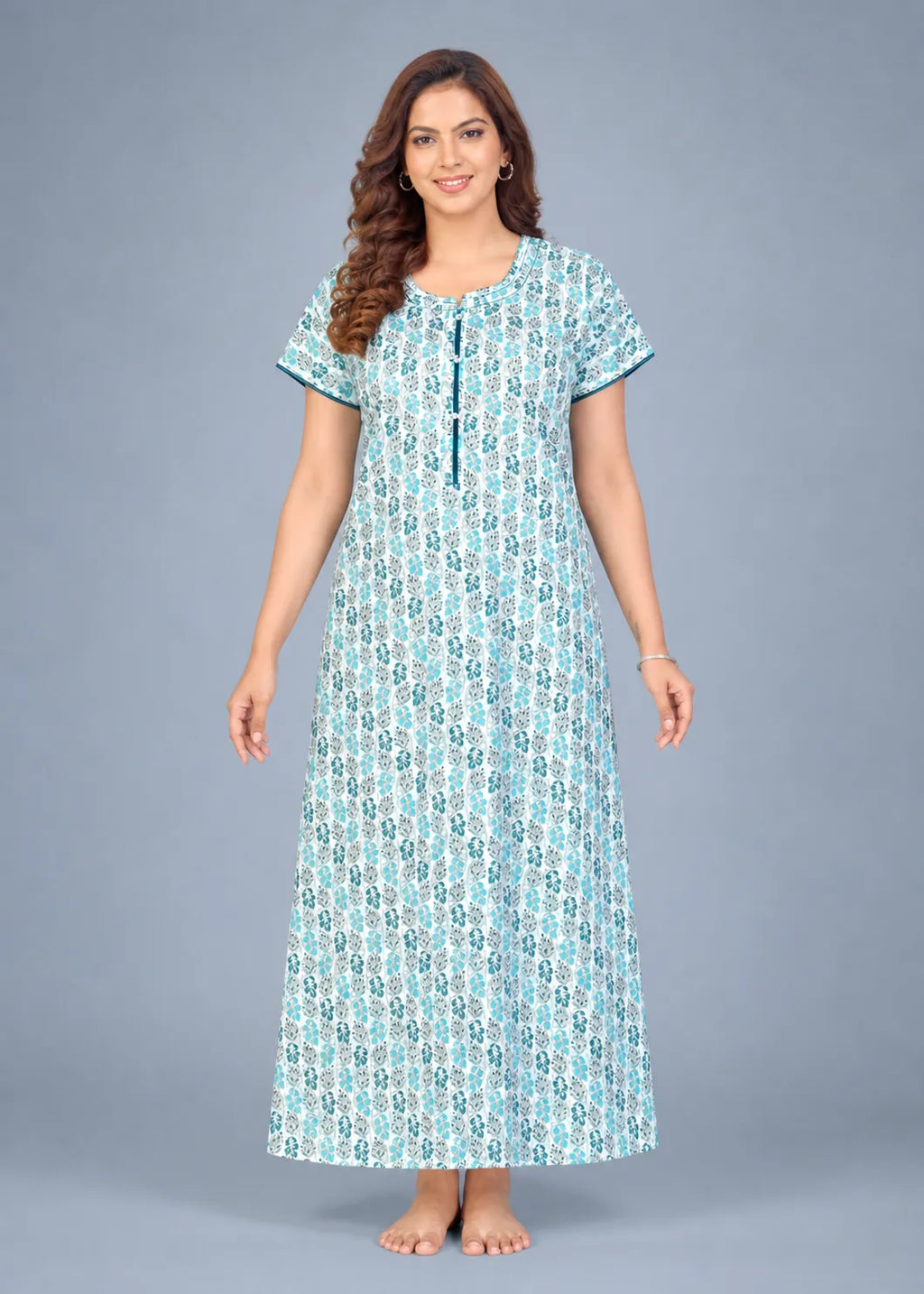 Turquoise Leaf Print Cotton Nightgown