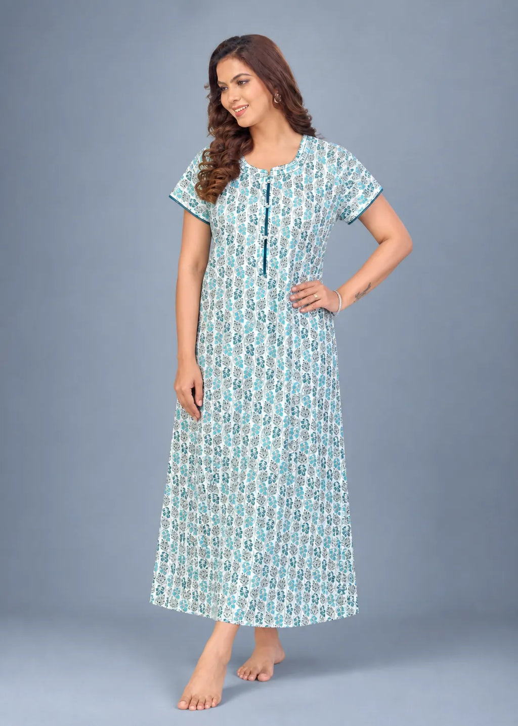 Turquoise Leaf Print Cotton Nightgown