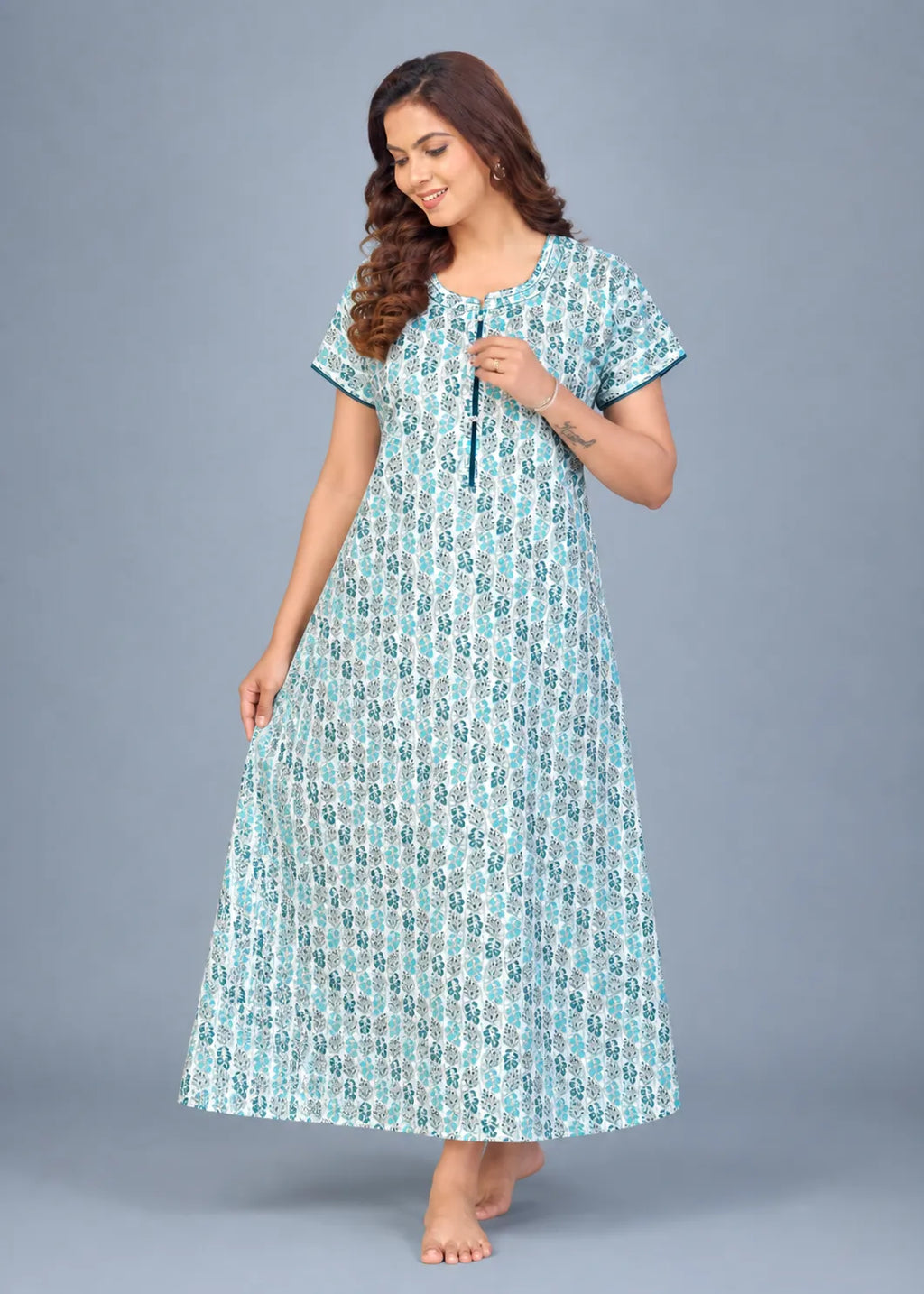 Turquoise Leaf Print Cotton Nightgown