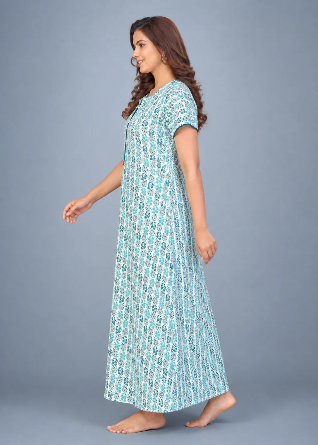 Turquoise Leaf Print Cotton Nightgown