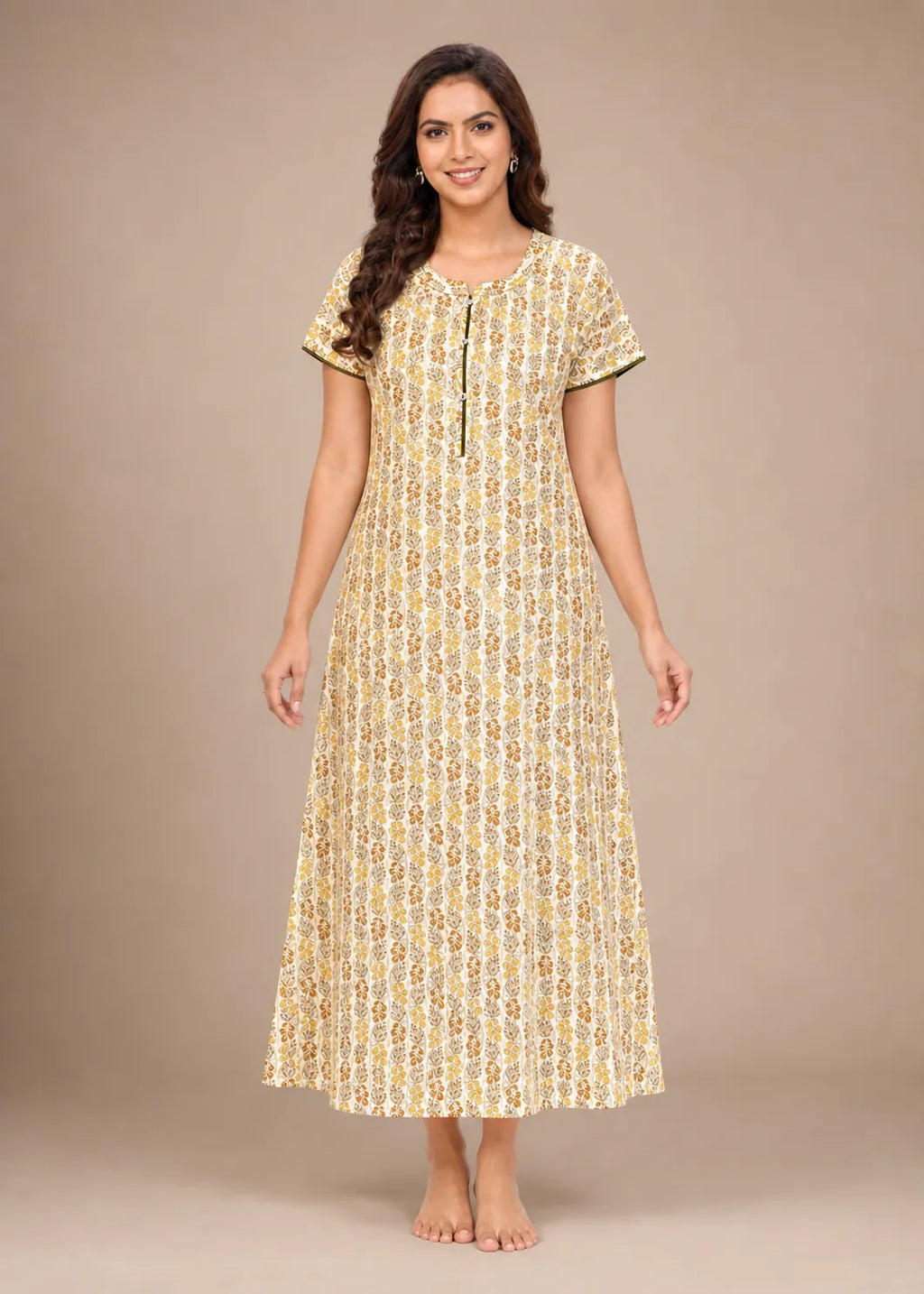 Mustard Leaf Print Cotton Nightgown